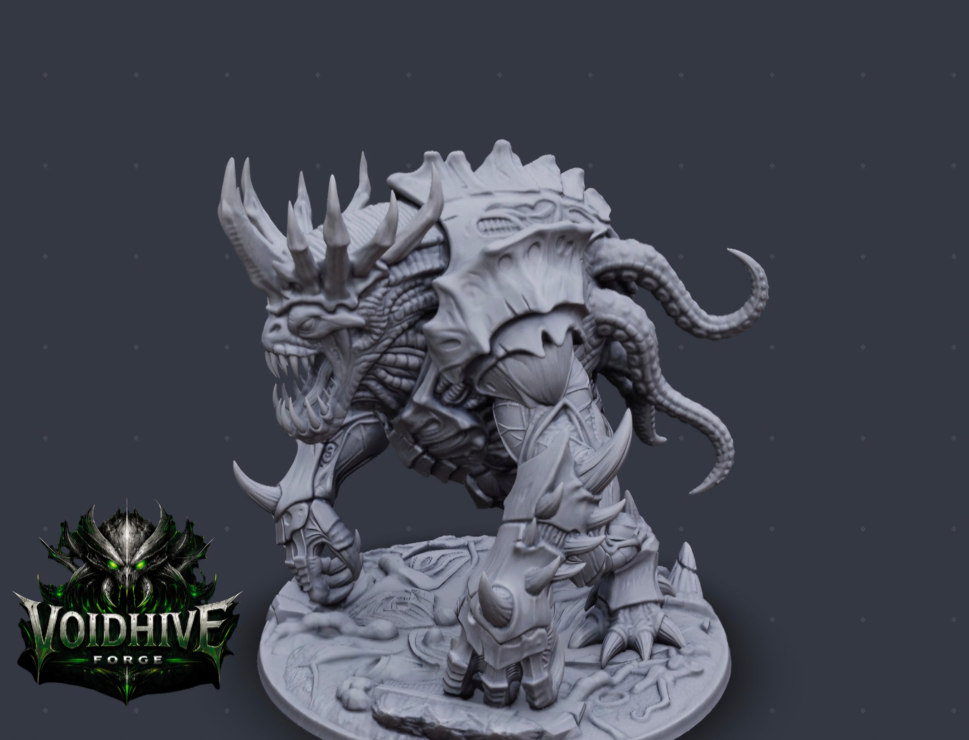 Void Tyrant Eldritch Warlord grey resin miniature, front view showing bipedal stance, wide fanged maw, antler crown and clawed gauntlets"