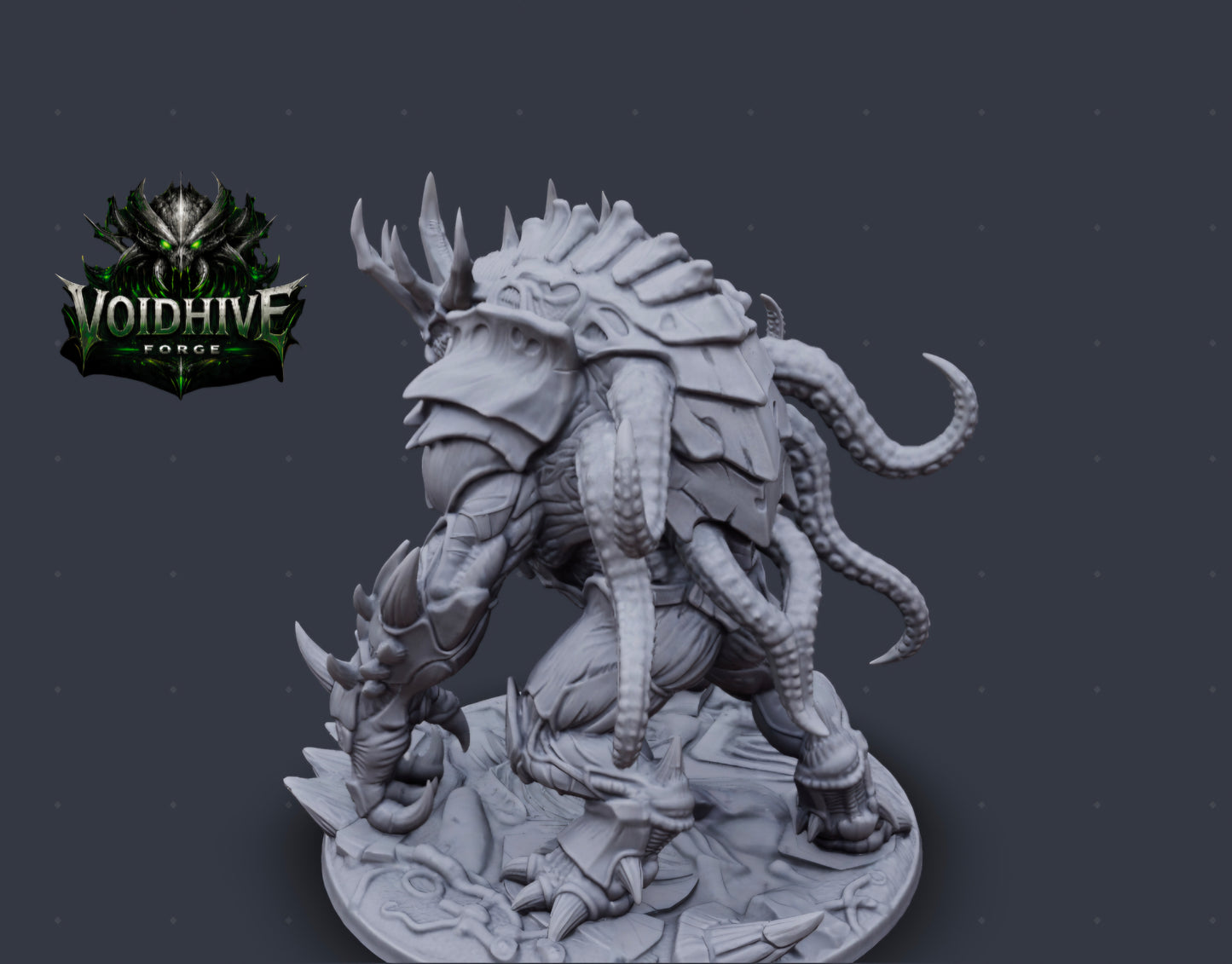"Close-up of Void Tyrant Eldritch Warlord resin miniature head showing open fanged maw with multiple teeth rows, reptilian snout and horned crown"