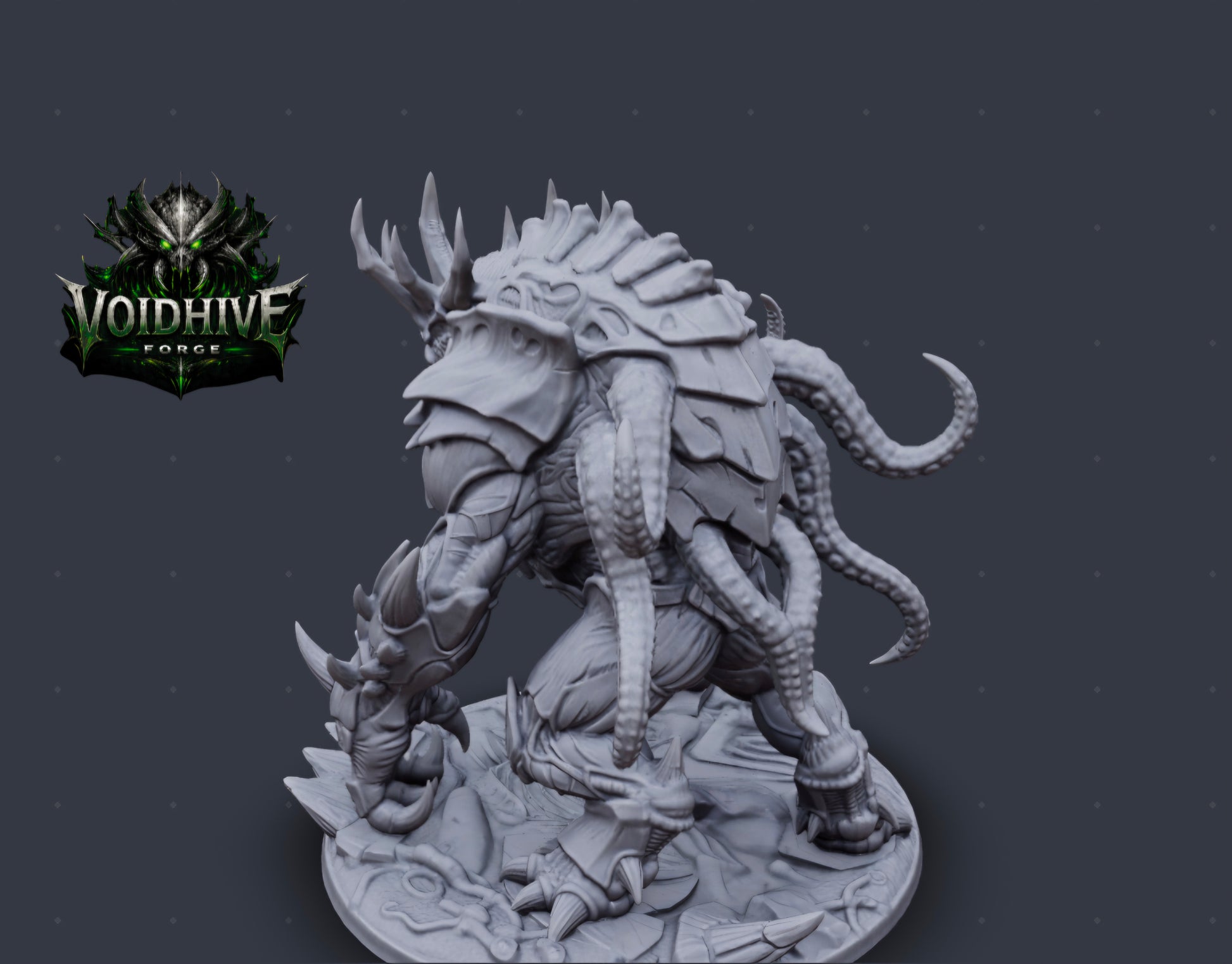 "Close-up of Void Tyrant Eldritch Warlord resin miniature head showing open fanged maw with multiple teeth rows, reptilian snout and horned crown"