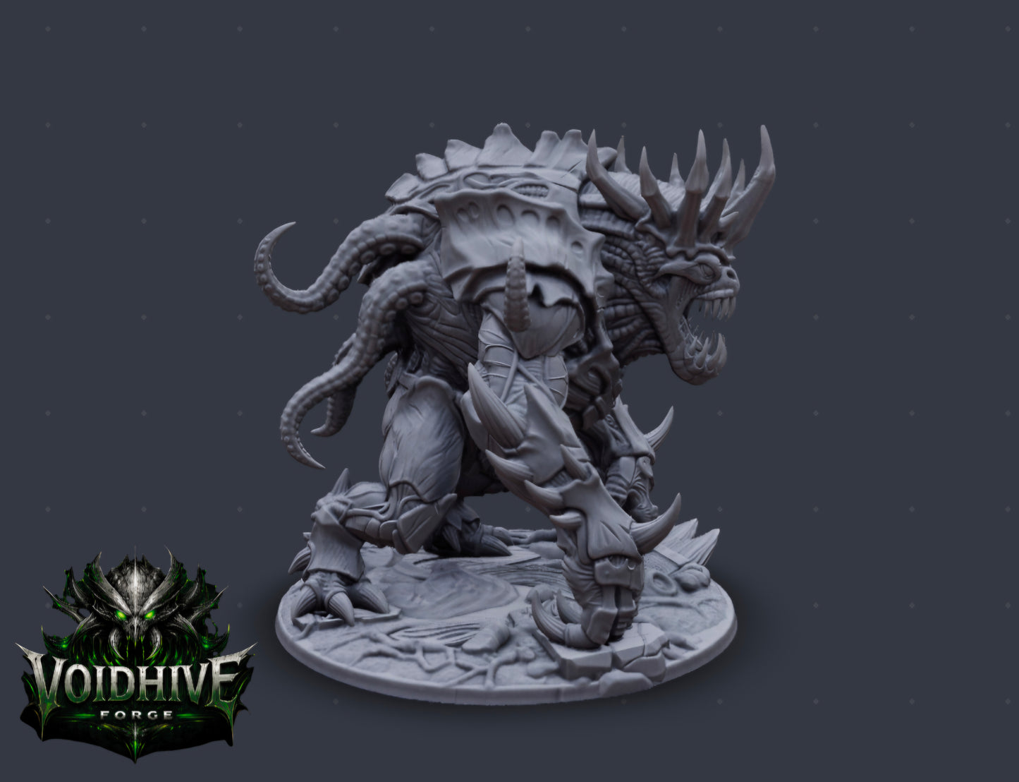 "Void Tyrant Eldritch Warlord grey resin miniature, rear three-quarter view showing spiked dorsal carapace, tentacles and scenic rubble base"