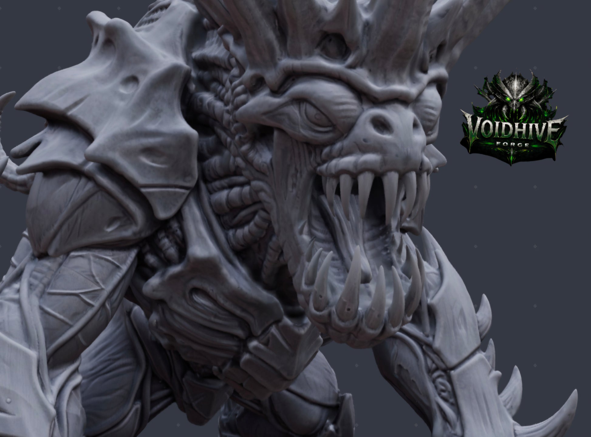 Void Tyrant Eldritch Warlord grey resin miniature, side profile showing full height with trunk-like tentacle limbs, layered shoulder armour and clawed feet"