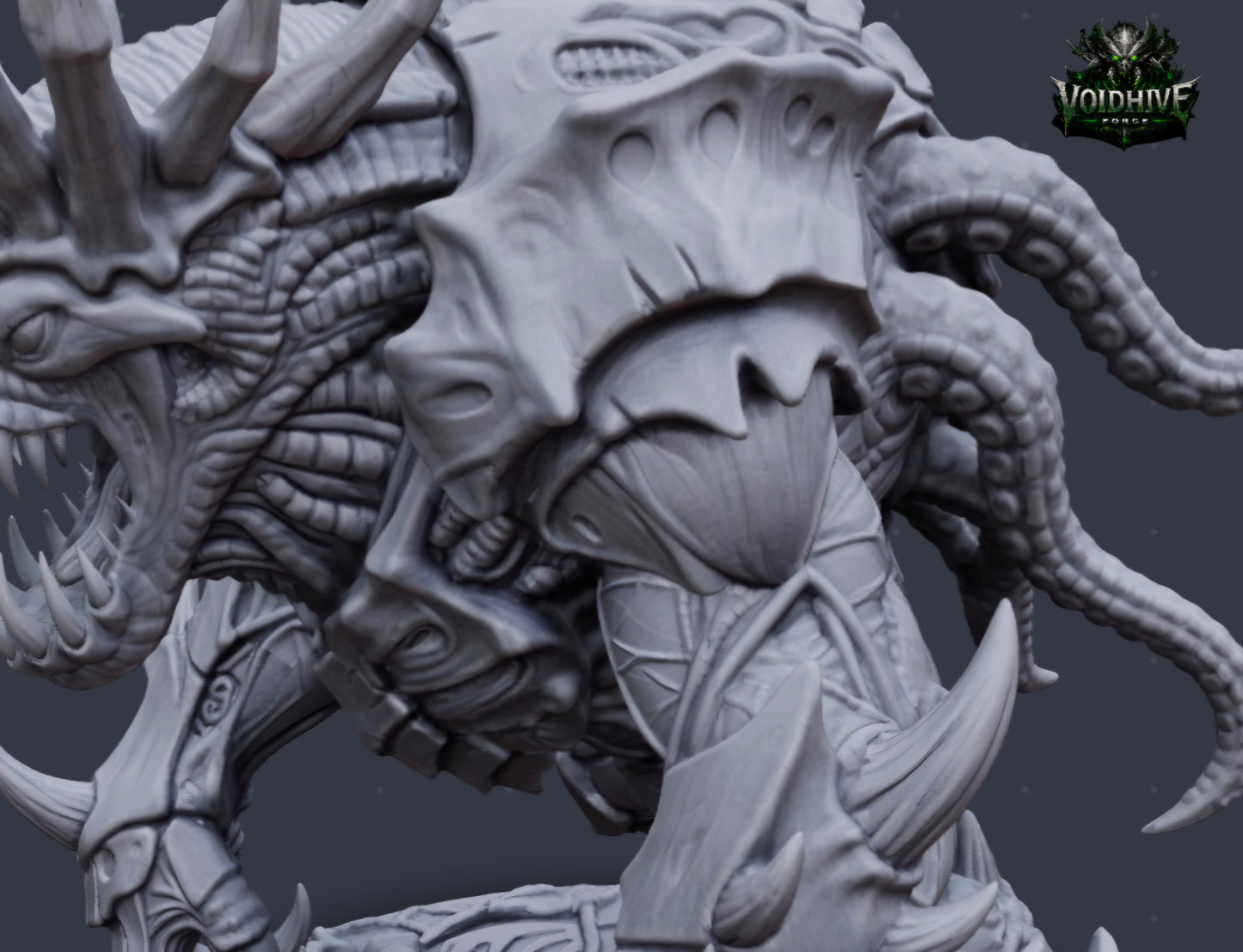  "Void Tyrant Eldritch Warlord grey resin miniature, rear view showing full dorsal spine array, tentacle mass and scenic base detail"