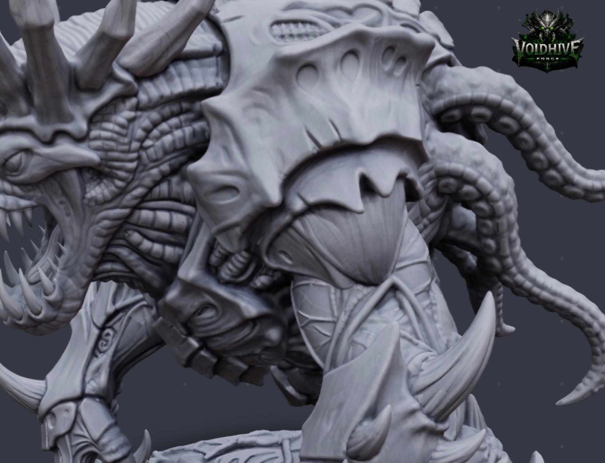  "Void Tyrant Eldritch Warlord grey resin miniature, rear view showing full dorsal spine array, tentacle mass and scenic base detail"