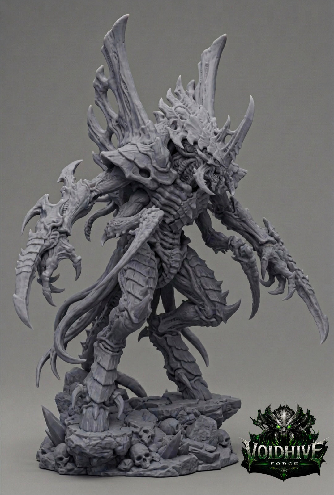 "Void Reaper Eldritch Blade Wraith grey resin miniature, front view showing bipedal stance with large dorsal bio-vents, multiple scythe arms and skull scenic base"