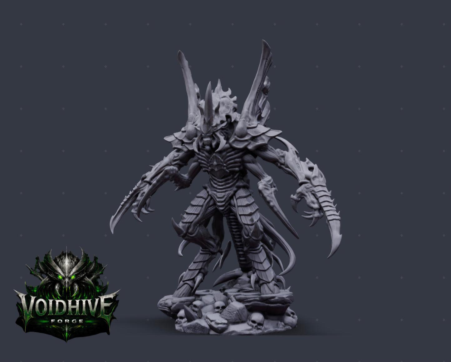 "Void Reaper Eldritch Blade Wraith grey resin miniature, three-quarter side view showing bio-vent array, ribbed torso, trailing tendrils and skull base"