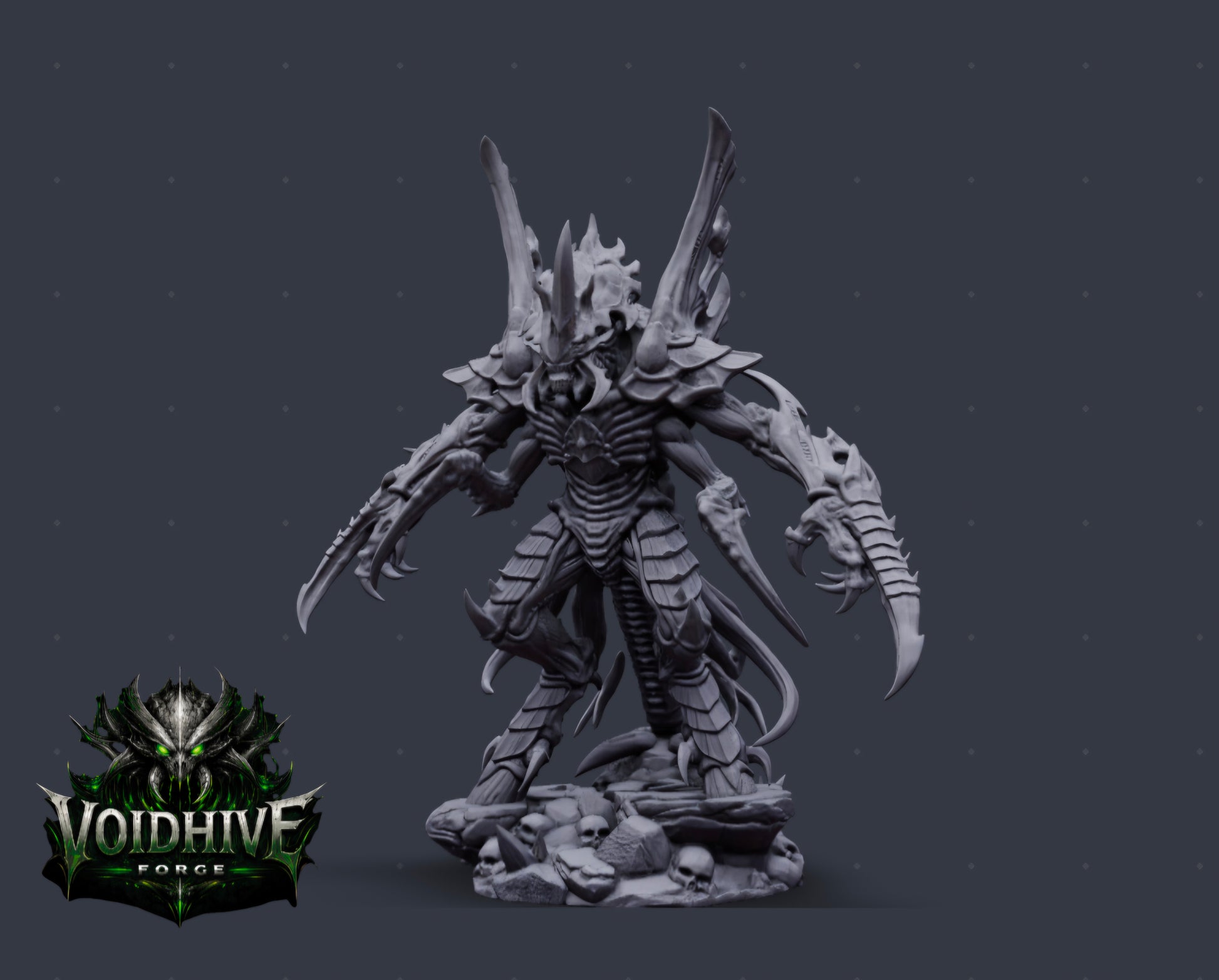 "Void Reaper Eldritch Blade Wraith grey resin miniature, three-quarter side view showing bio-vent array, ribbed torso, trailing tendrils and skull base"