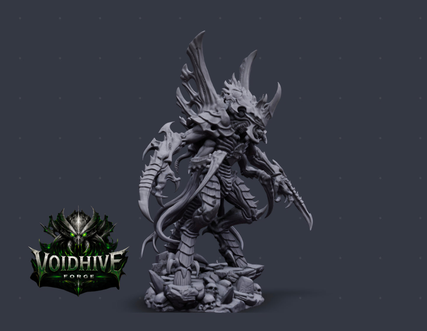 "Void Reaper Eldritch Blade Wraith grey resin miniature, rear three-quarter view showing full dorsal bio-vent structure, layered carapace shoulder plates and scythe tail"
