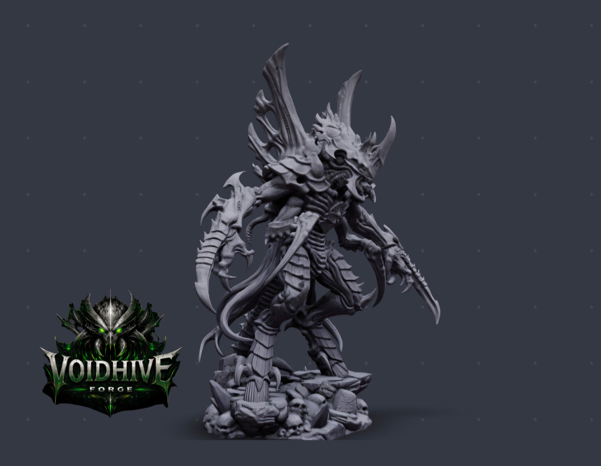 "Void Reaper Eldritch Blade Wraith grey resin miniature, rear three-quarter view showing full dorsal bio-vent structure, layered carapace shoulder plates and scythe tail"