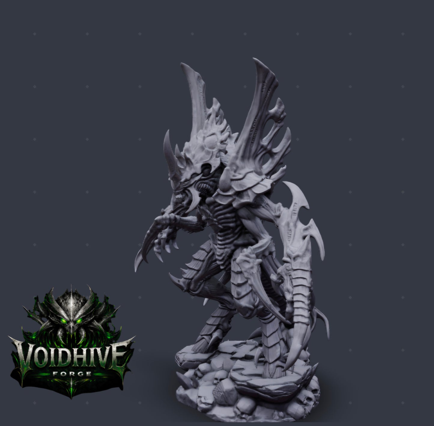 "Void Reaper Eldritch Blade Wraith grey resin miniature, side profile showing full 125mm height with elongated scythe limb, dorsal bio-vents and scenic rubble base"
