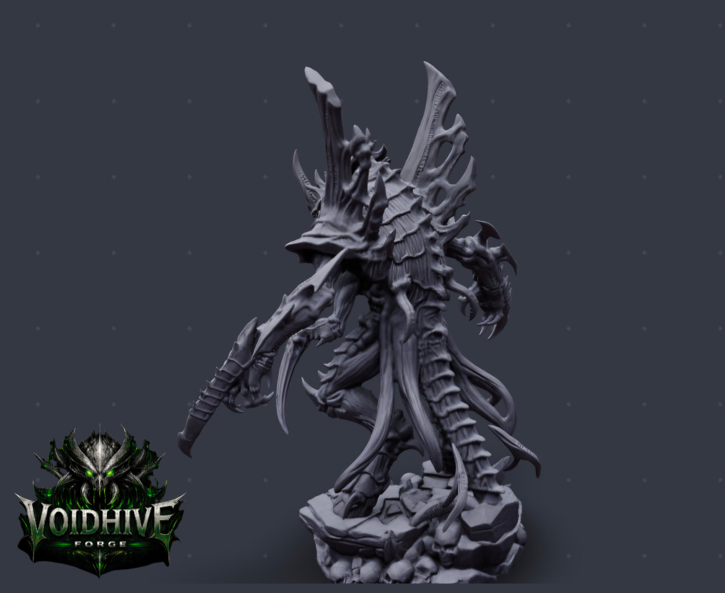"Void Reaper Eldritch Blade Wraith grey resin miniature, front-on view showing symmetrical bio-vent spread, layered ruff collar, multi-arm arrangement and skull base"
