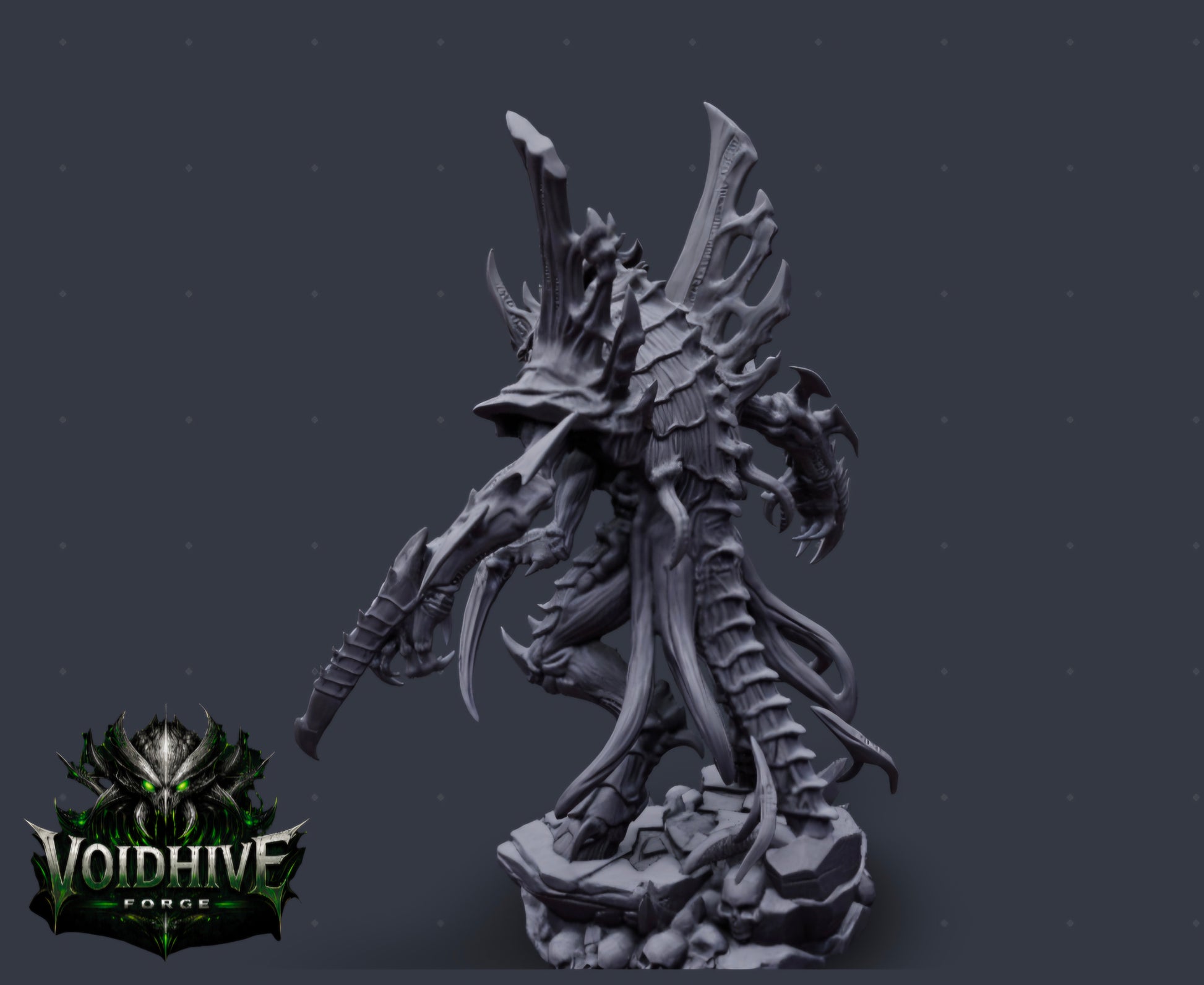 "Void Reaper Eldritch Blade Wraith grey resin miniature, front-on view showing symmetrical bio-vent spread, layered ruff collar, multi-arm arrangement and skull base"
