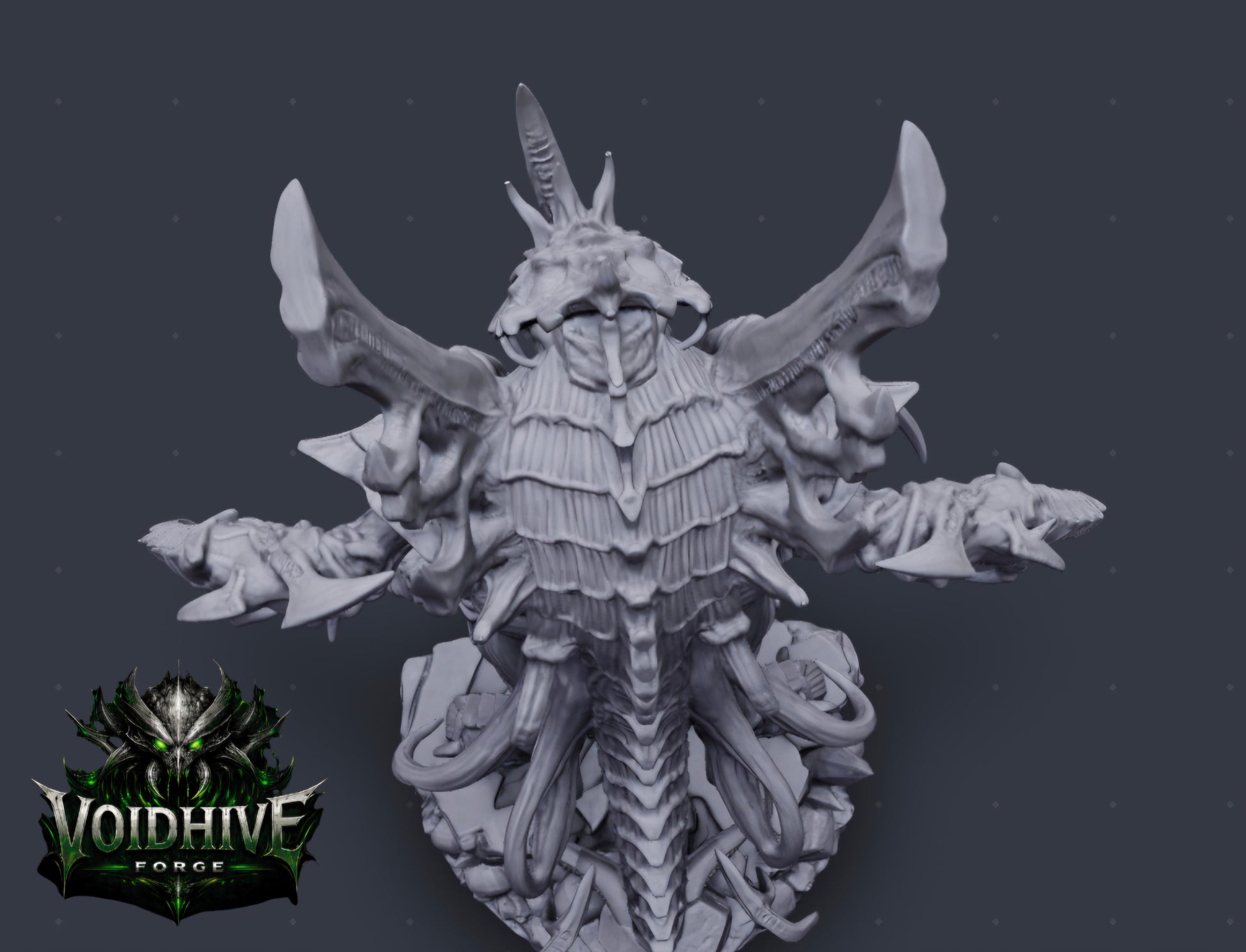 "Close-up detail of Void Reaper Eldritch Blade Wraith resin miniature showing open fanged maw, serrated mandibles, ribbed neck and layered shoulder armour"