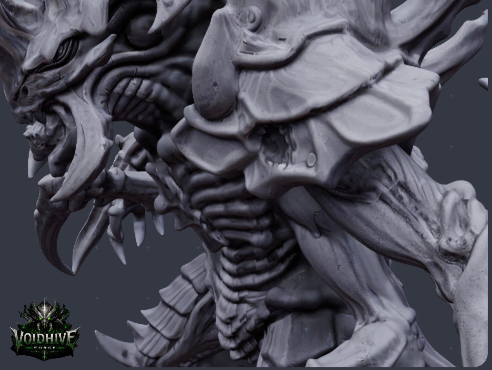 "Extreme close-up of Void Reaper Eldritch Blade Wraith resin miniature showing intricate ribbed torso texture, segmented armour plates and clawed gauntlet detail"