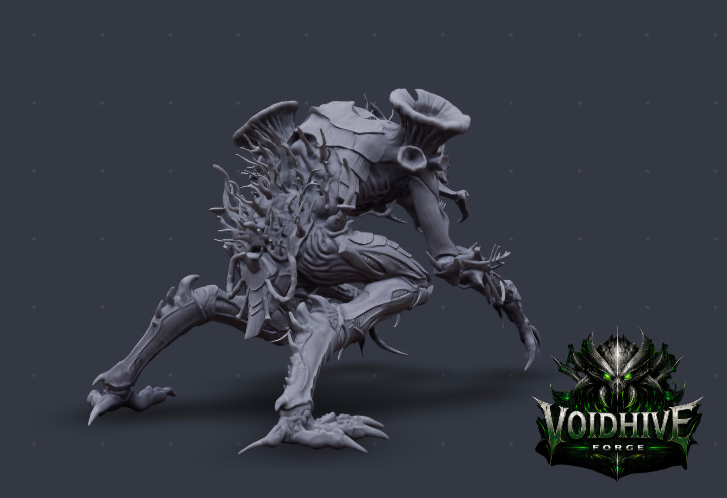 Front elevated — spore vent cap and chitinous torso