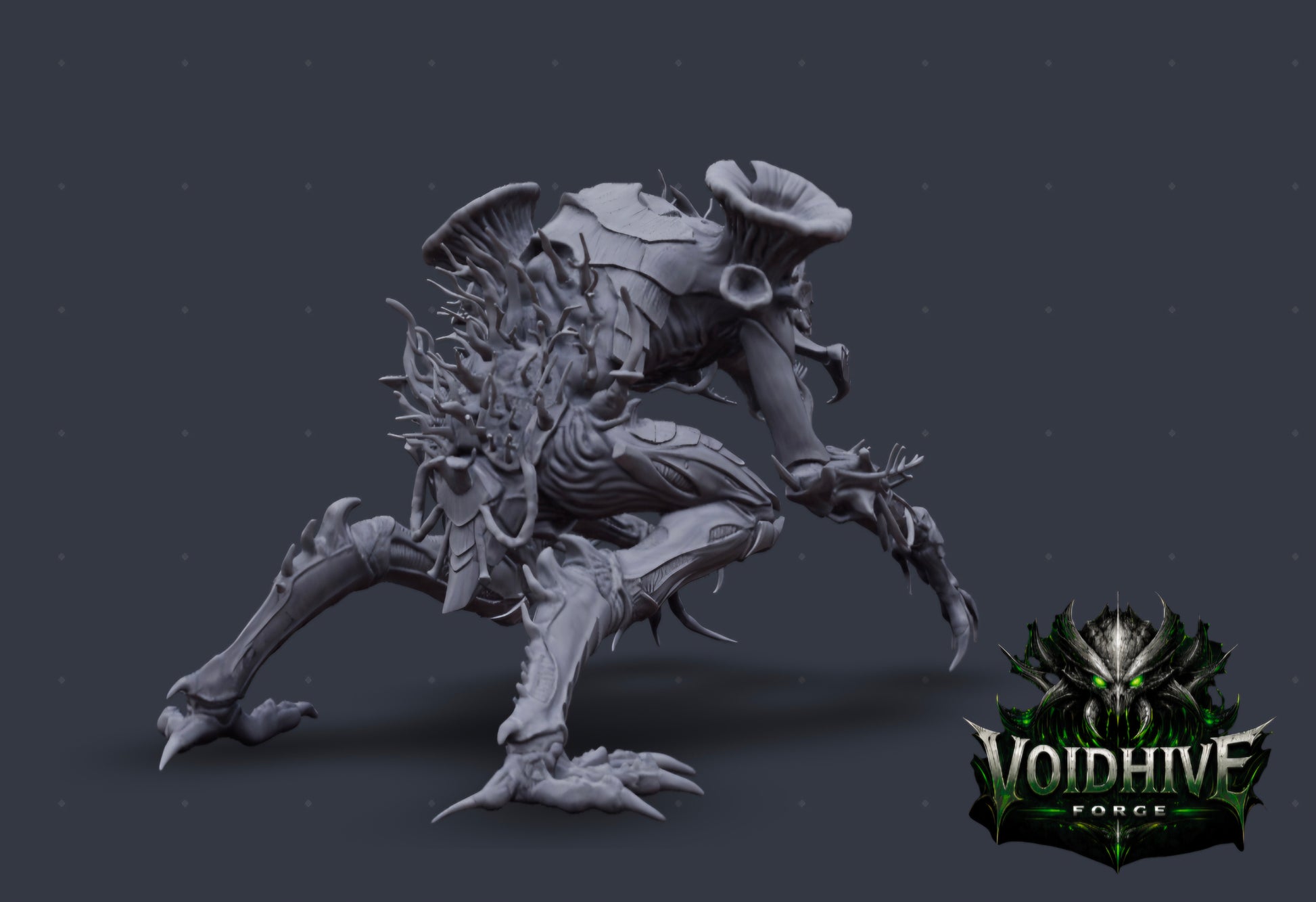Front elevated — spore vent cap and chitinous torso