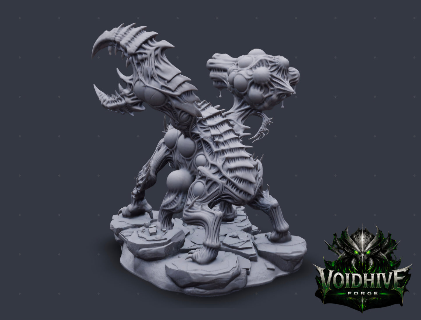 VoidHive Forge Plagueborn Harvester – front view showing spore-sac cluster and dripping maw detail