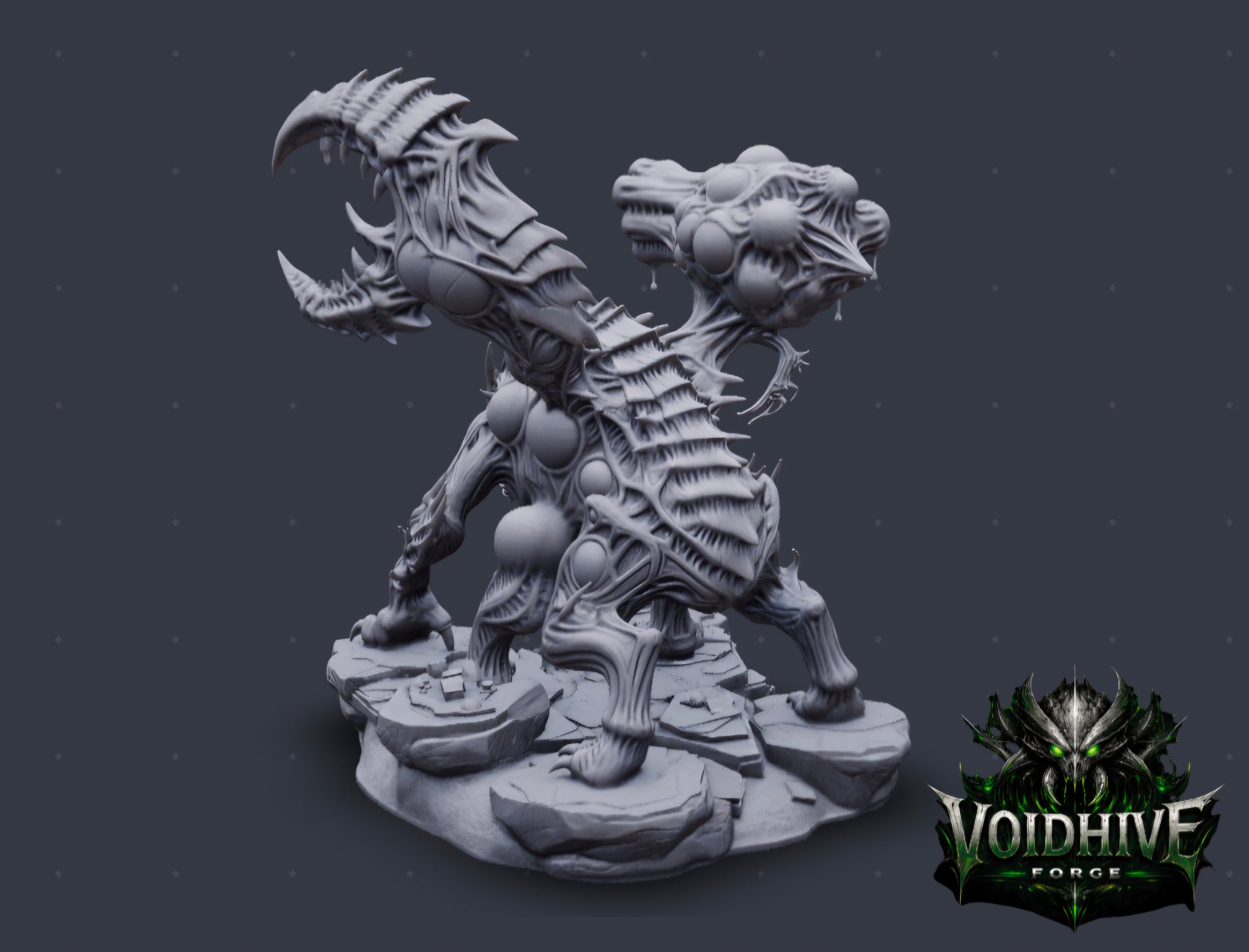 VoidHive Forge Plagueborn Harvester – front view showing spore-sac cluster and dripping maw detail