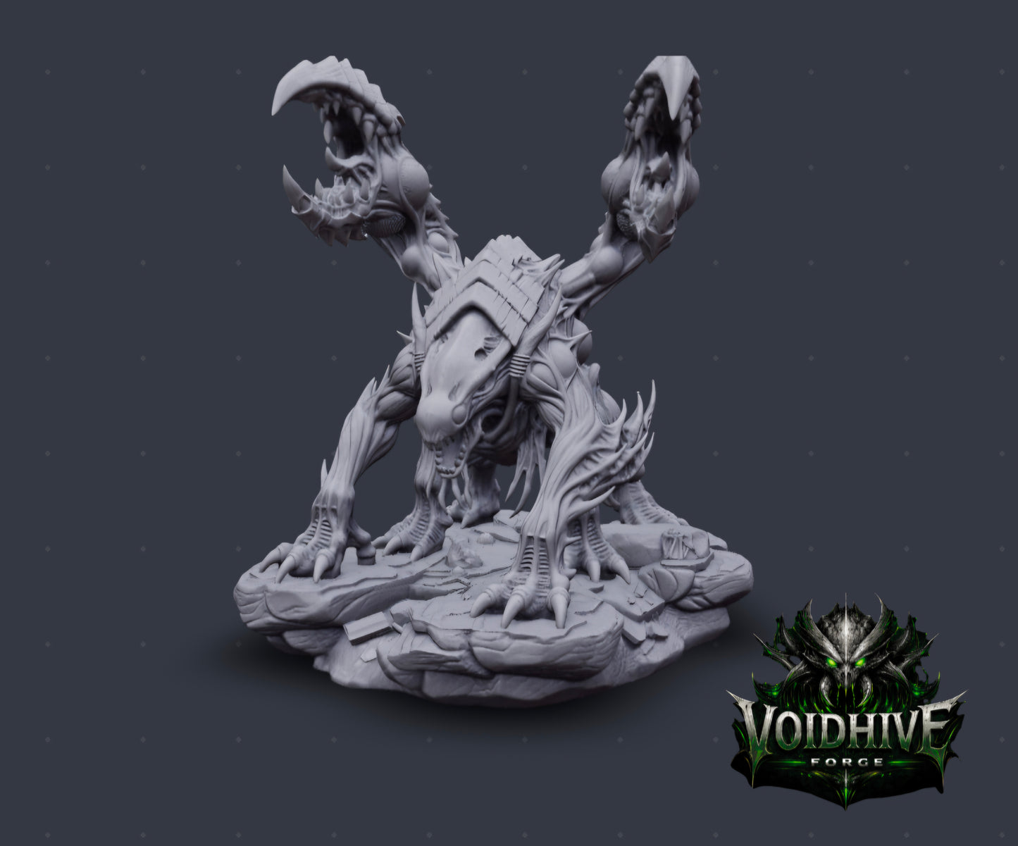 One head, two giant claws raised upward in V-shape, elongated jaw, muscular torso, rubble base
