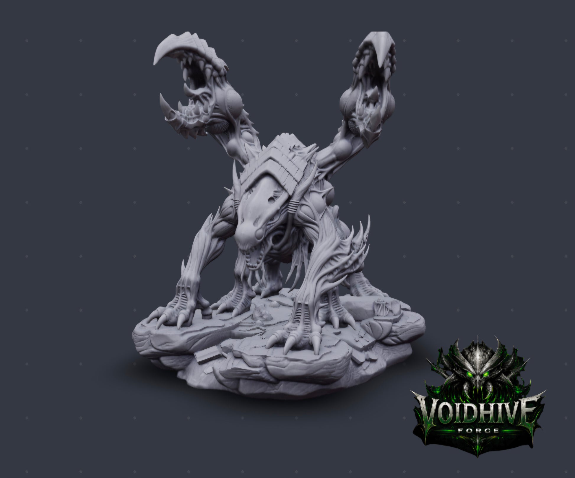 One head, two giant claws raised upward in V-shape, elongated jaw, muscular torso, rubble base