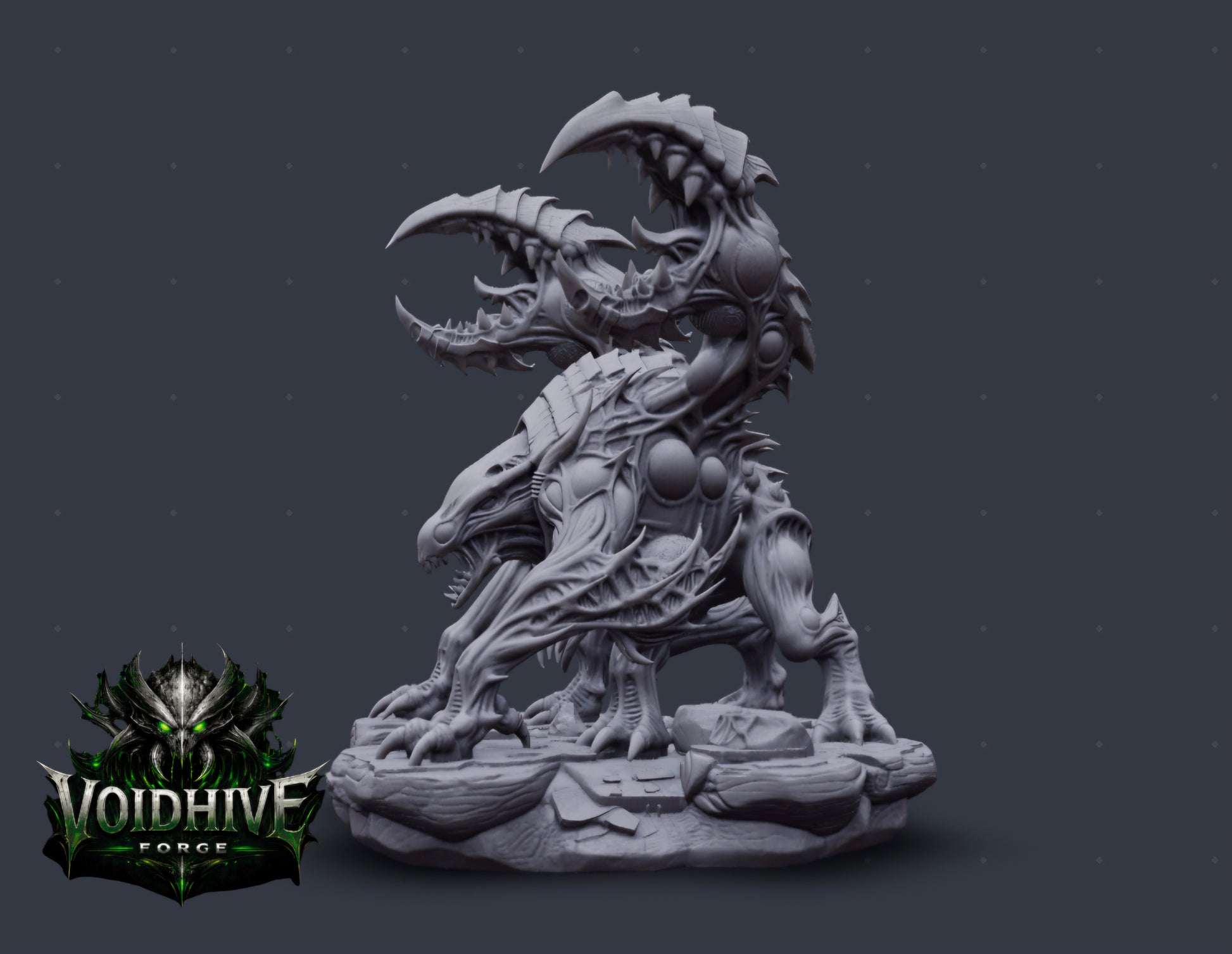 Side-on armoured warrior, large curved scythe over shoulder, heavy leg plating, rubble base