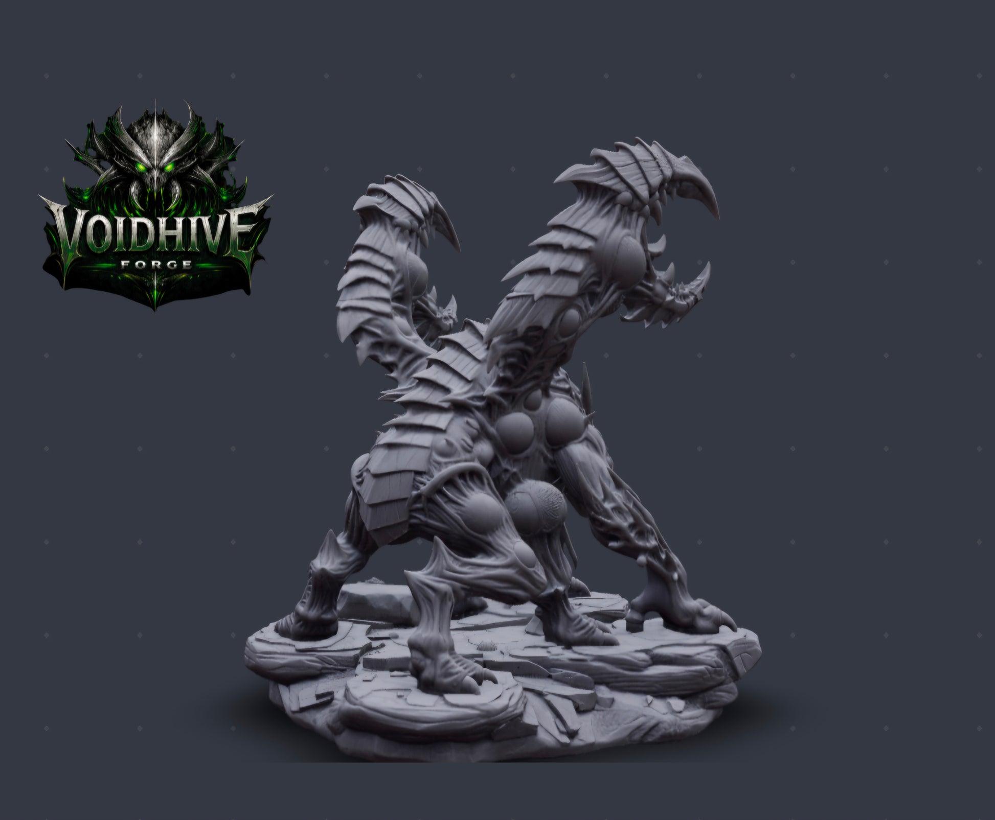 Horned skull head, crouching stance, layered back plates, organic leg structure