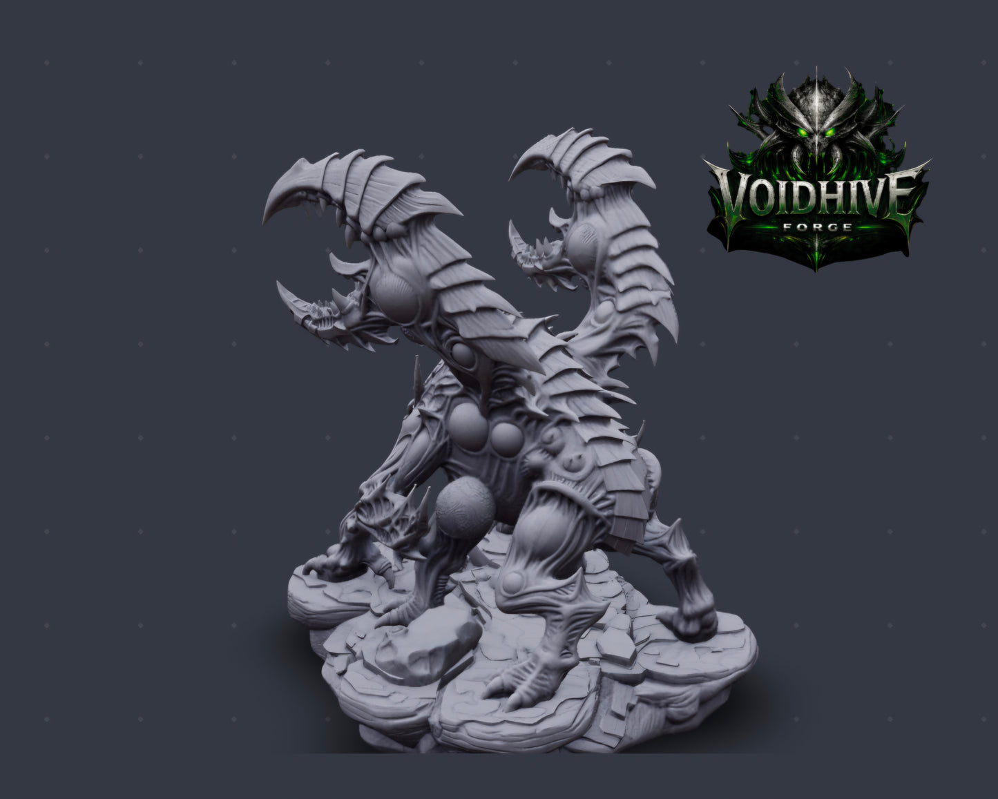 Profile view, scythe limb extended, organic plating across torso and legs