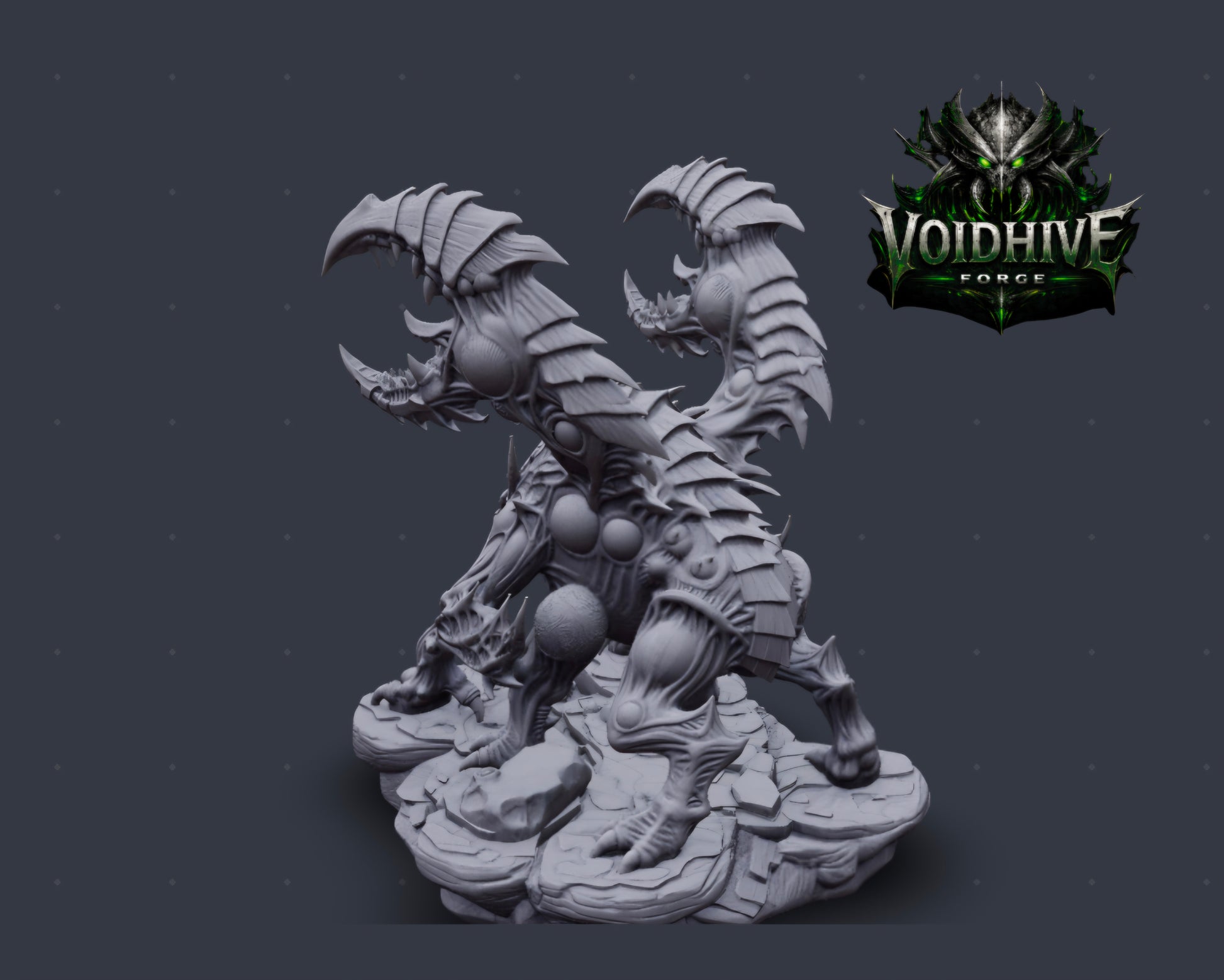 Profile view, scythe limb extended, organic plating across torso and legs