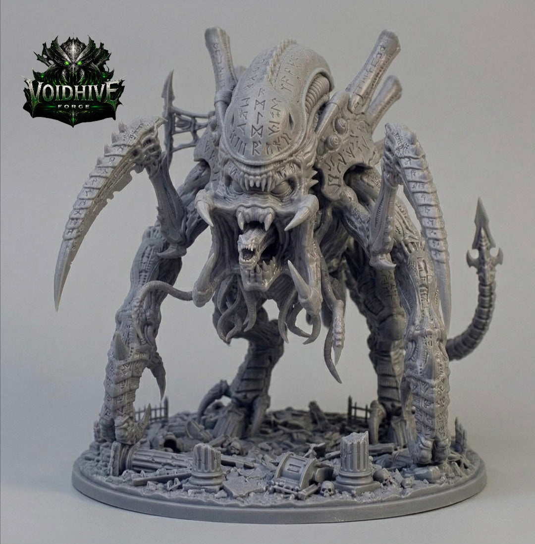 VoidHive Forge Rune Maw Devourer resin miniature — front view showing rune-etched cranial dome, wide gaping maw, and multi-limb stance on scenic rubble base
