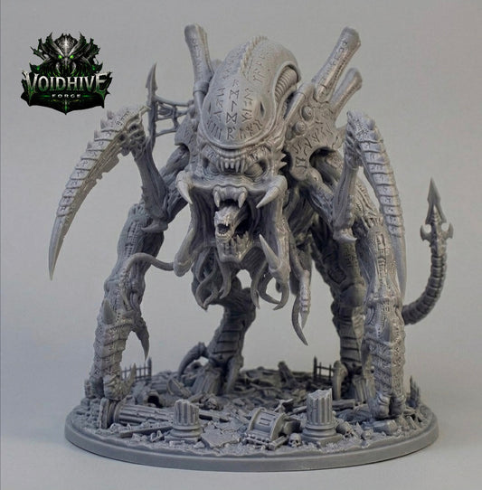 VoidHive Forge Rune Maw Devourer resin miniature — front view showing rune-etched cranial dome, wide gaping maw, and multi-limb stance on scenic rubble base