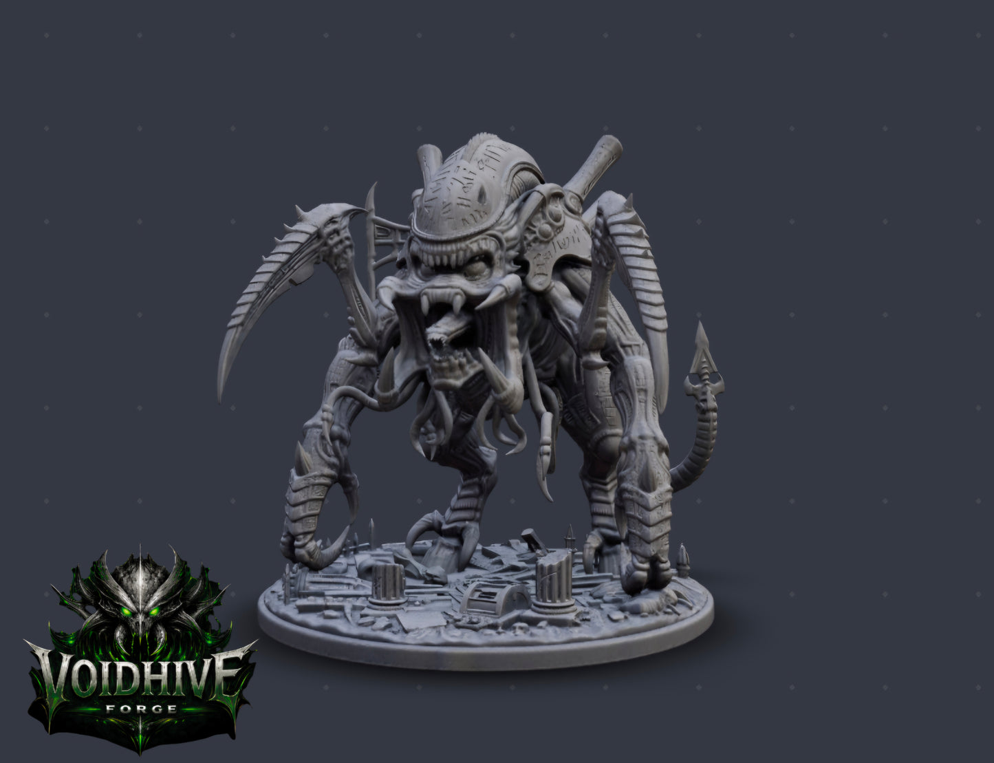 VoidHive Forge Rune Maw Devourer resin miniature — three-quarter front view on dark background showing full body and bio-weapon spines