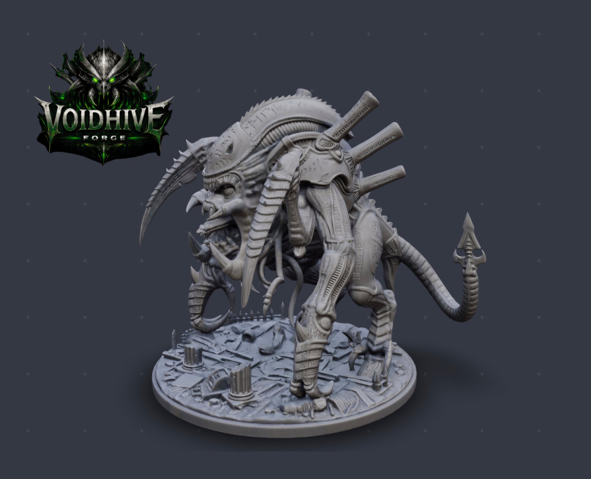 VoidHive Forge Rune Maw Devourer resin miniature — side profile showing hunched predatory posture, shoulder spines, and serpentine tail