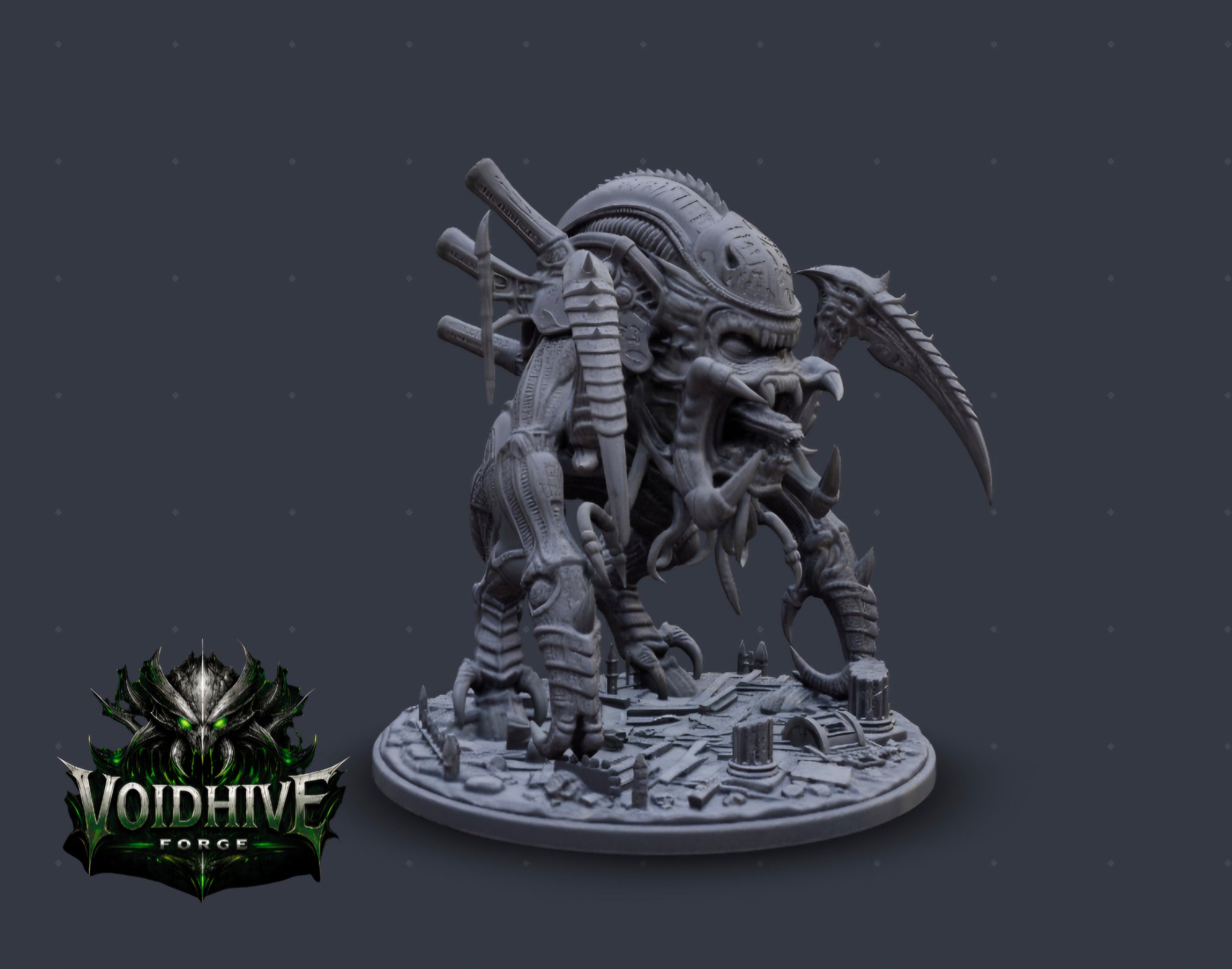 VoidHive Forge Rune Maw Devourer resin miniature — rear three-quarter view showing dorsal bio-weapon spines and articulated limb structure