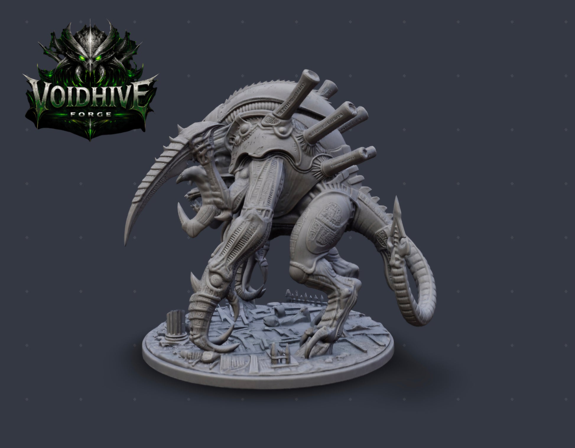 VoidHive Forge Rune Maw Devourer resin miniature — low angle view showing powerful torso, curved scything claws, and detailed scenic base