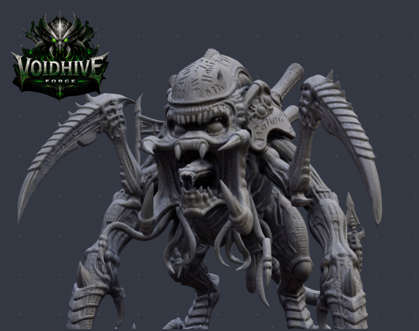 VoidHive Forge Rune Maw Devourer resin miniature — close-up of rune-etched cranium, gaping fanged maw, secondary jaw structure, and deep-set eyes