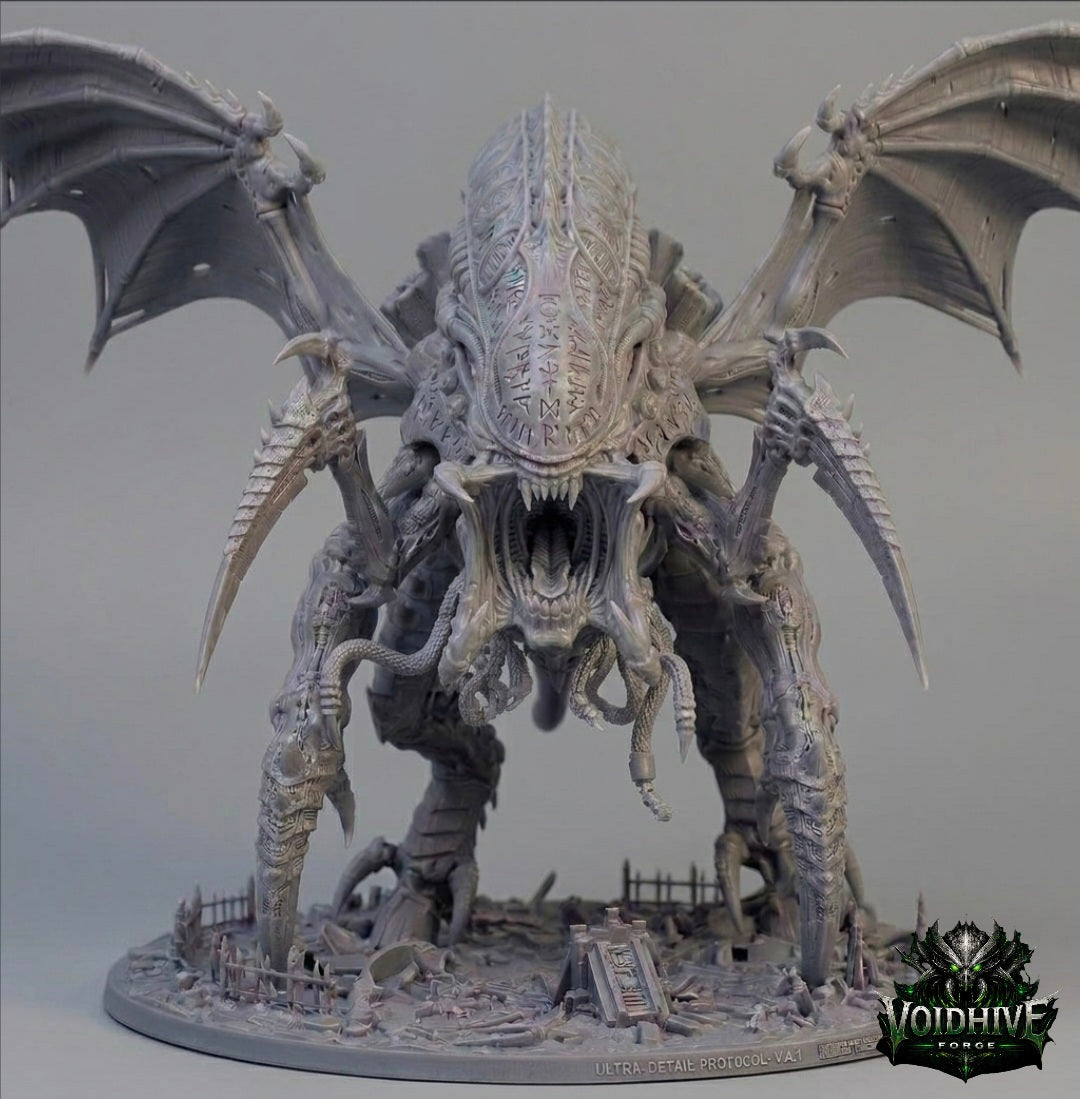 VoidHive Forge Aethon Tyrant resin miniature — front view showing spread bio-wings, multi-limb scything claws, and bio-etched cranial dome on scenic rubble base