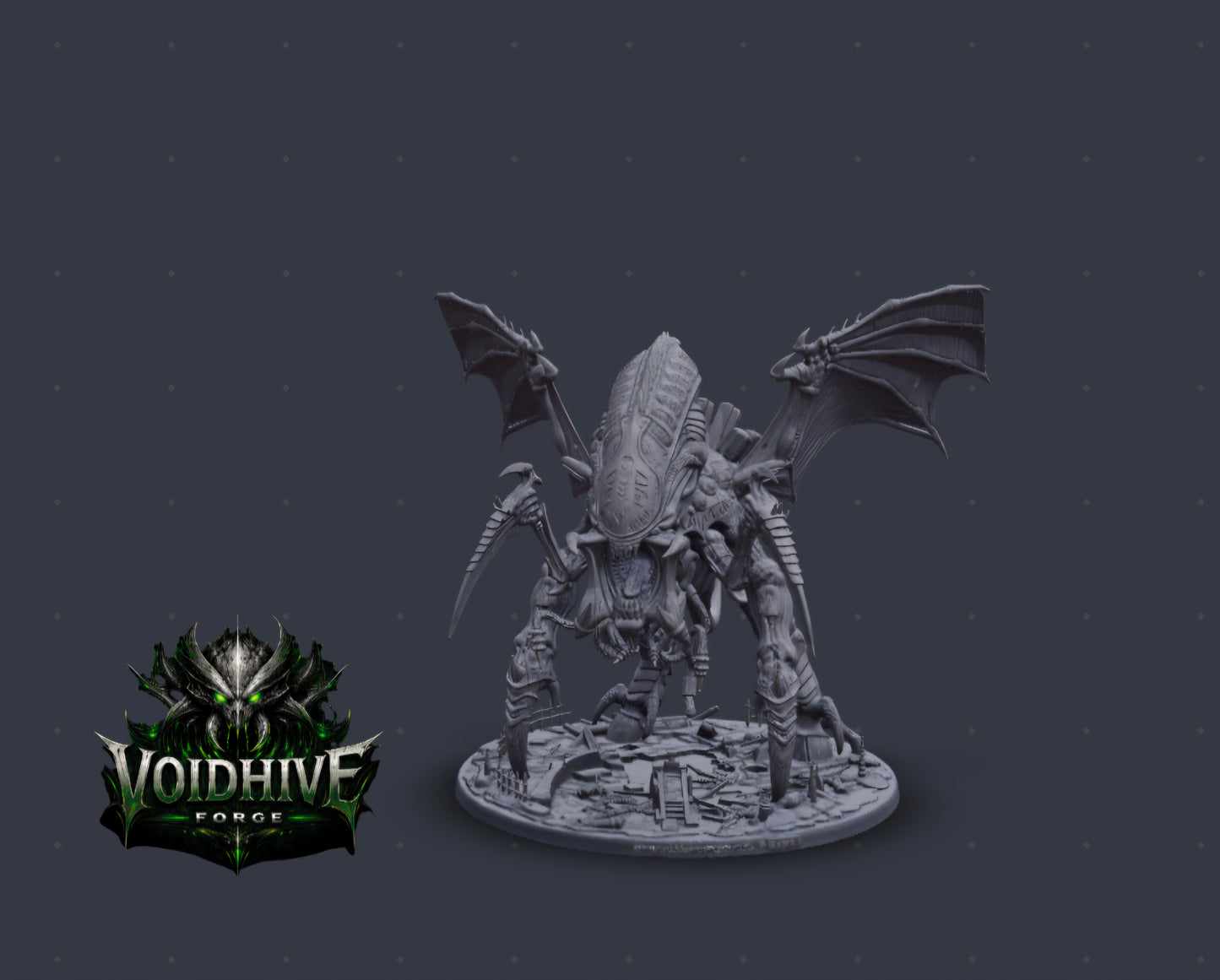 VoidHive Forge Aethon Tyrant resin miniature — three-quarter side view showing full wingspan, hunched predatory torso, and articulated limb structure