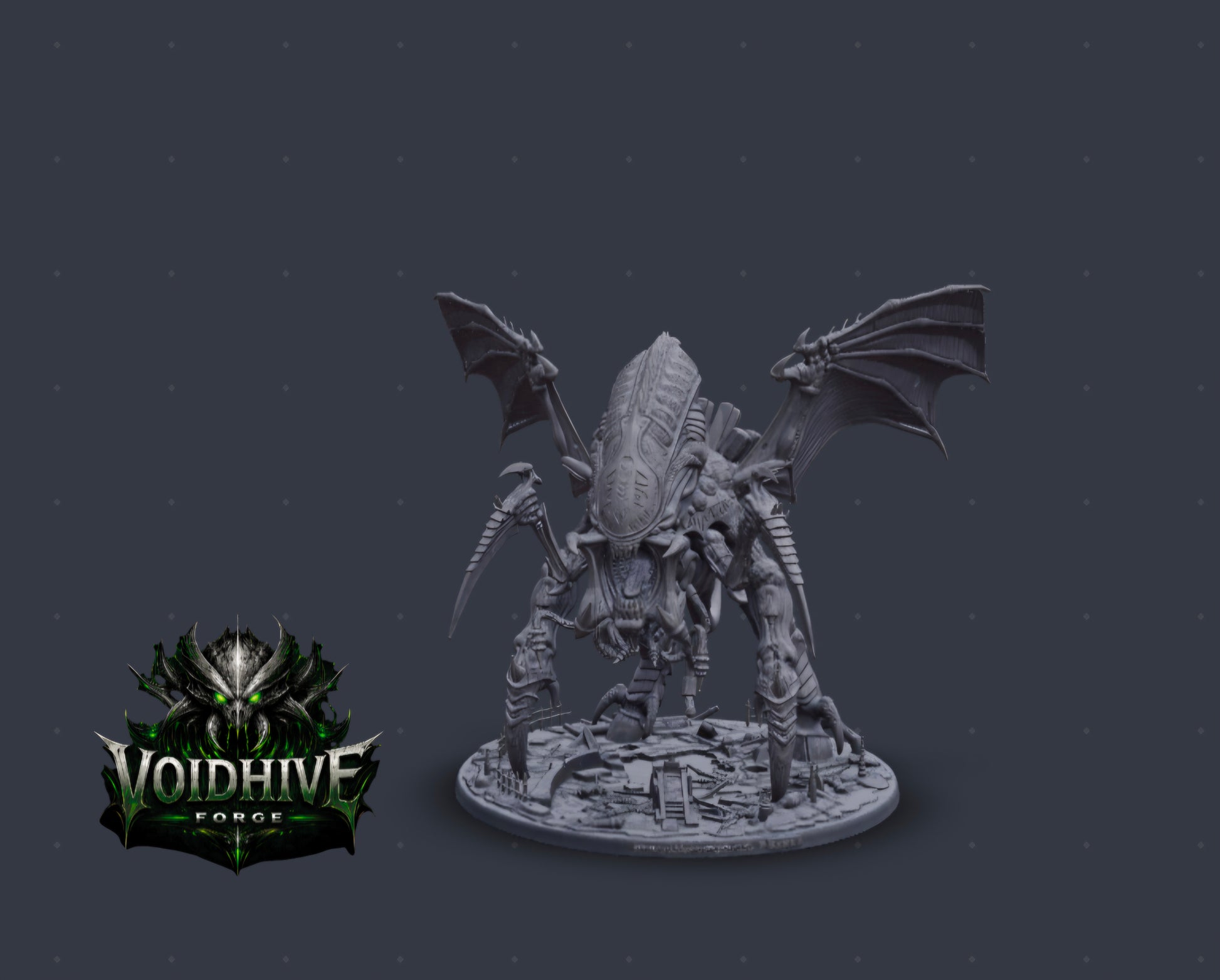 VoidHive Forge Aethon Tyrant resin miniature — three-quarter side view showing full wingspan, hunched predatory torso, and articulated limb structure