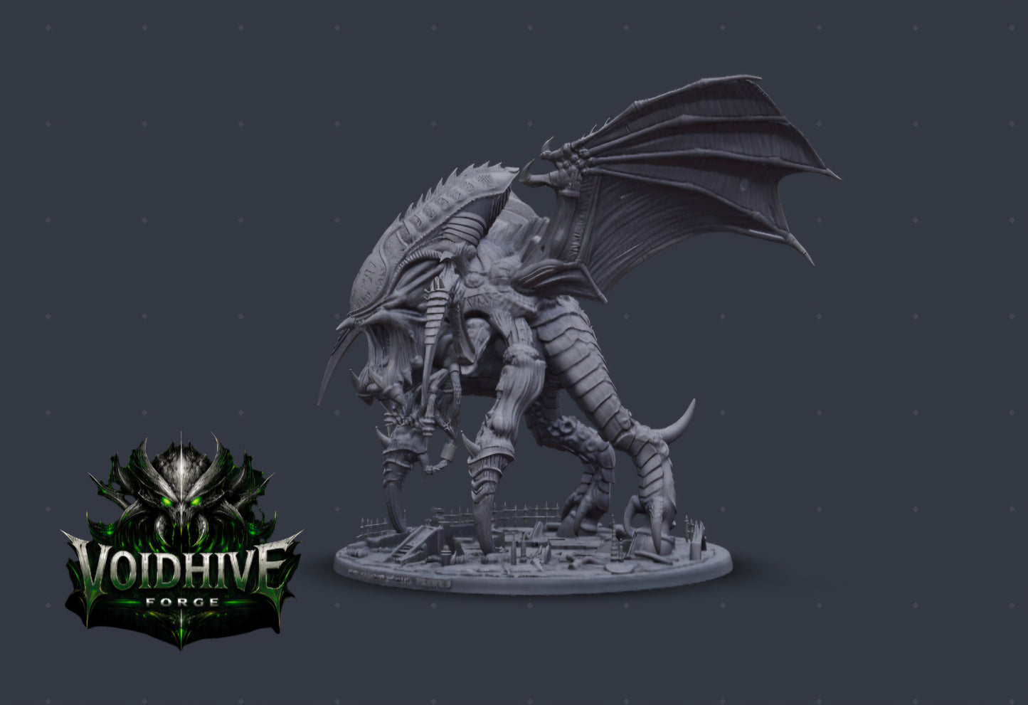 VoidHive Forge Aethon Tyrant resin miniature — three-quarter front view showing bio-wing spread, scything talons, and layered chitin plating