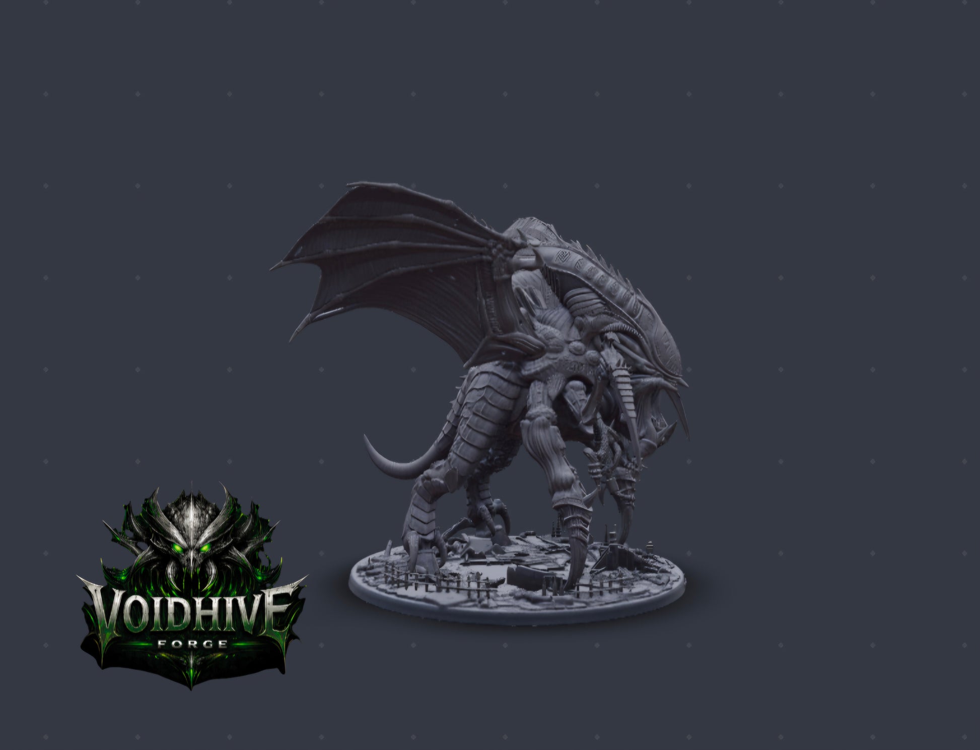 VoidHive Forge Aethon Tyrant resin miniature — rear view showing full wingspan spread, dorsal chitin plating, and bio-spur wing tips