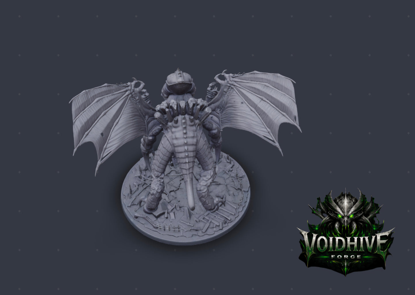 VoidHive Forge Aethon Tyrant resin miniature — top-down rear view showing full wing spread, cranial dome, and multi-limb arrangement on scenic base