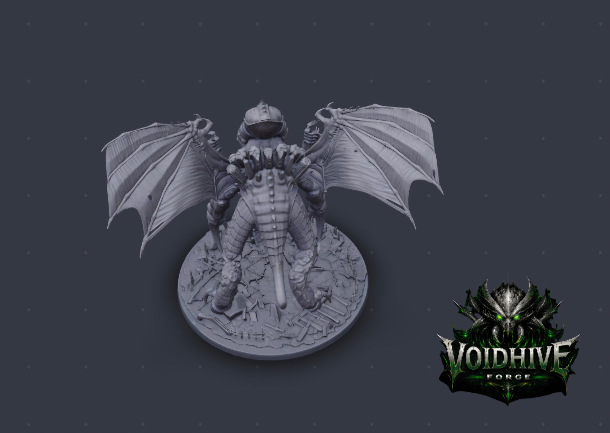 VoidHive Forge Aethon Tyrant resin miniature — top-down rear view showing full wing spread, cranial dome, and multi-limb arrangement on scenic base