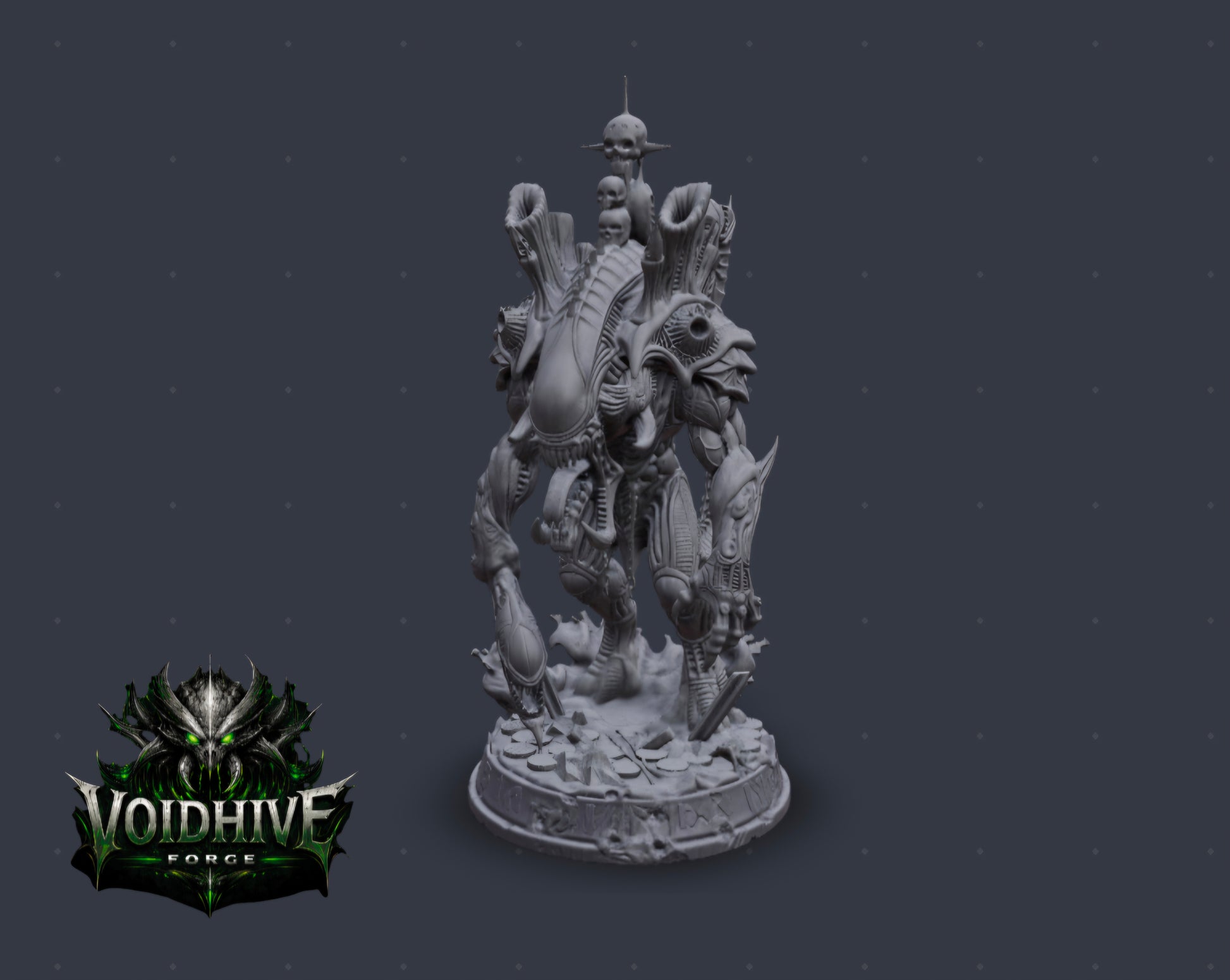 VoidHive Forge Skullmaw Harvester resin miniature — side view with serpentine tail extended and fanged strike head visible