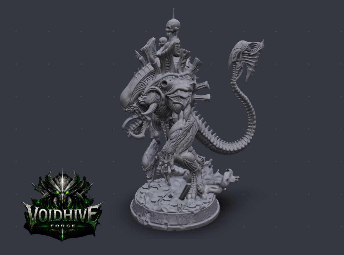 VoidHive Forge Skullmaw Harvester resin miniature — three-quarter front view showing full body and scenic rubble base