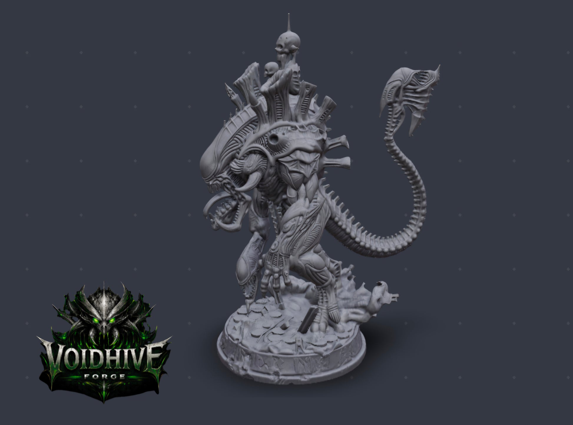 VoidHive Forge Skullmaw Harvester resin miniature — three-quarter front view showing full body and scenic rubble base