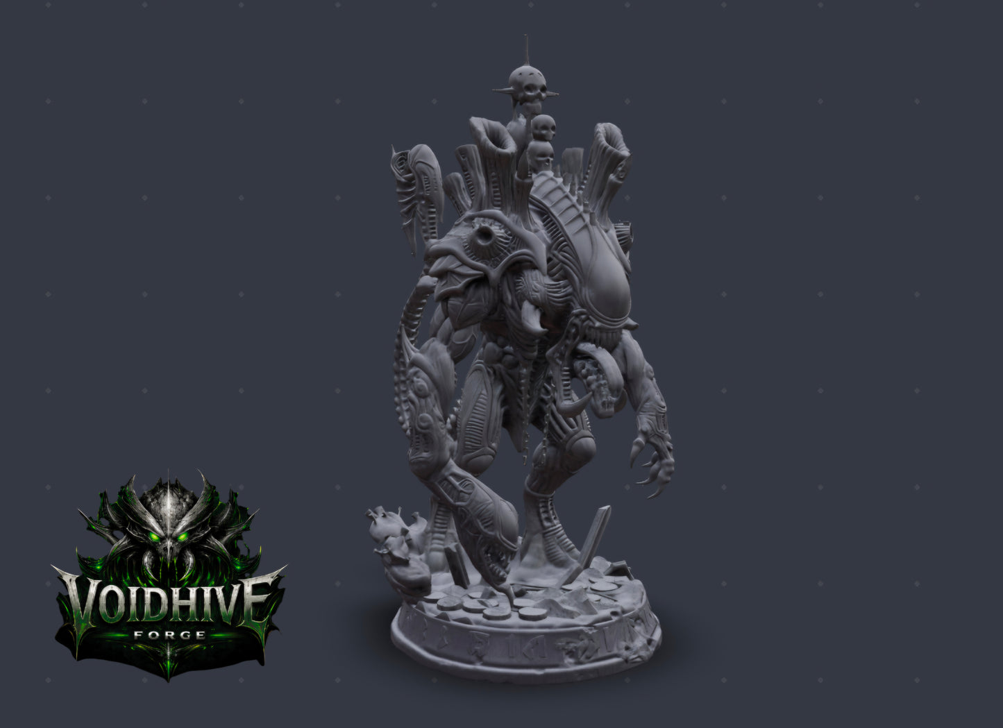 VoidHive Forge Skullmaw Harvester resin miniature — three-quarter rear view with tail raised and dorsal bio-weapon growths
