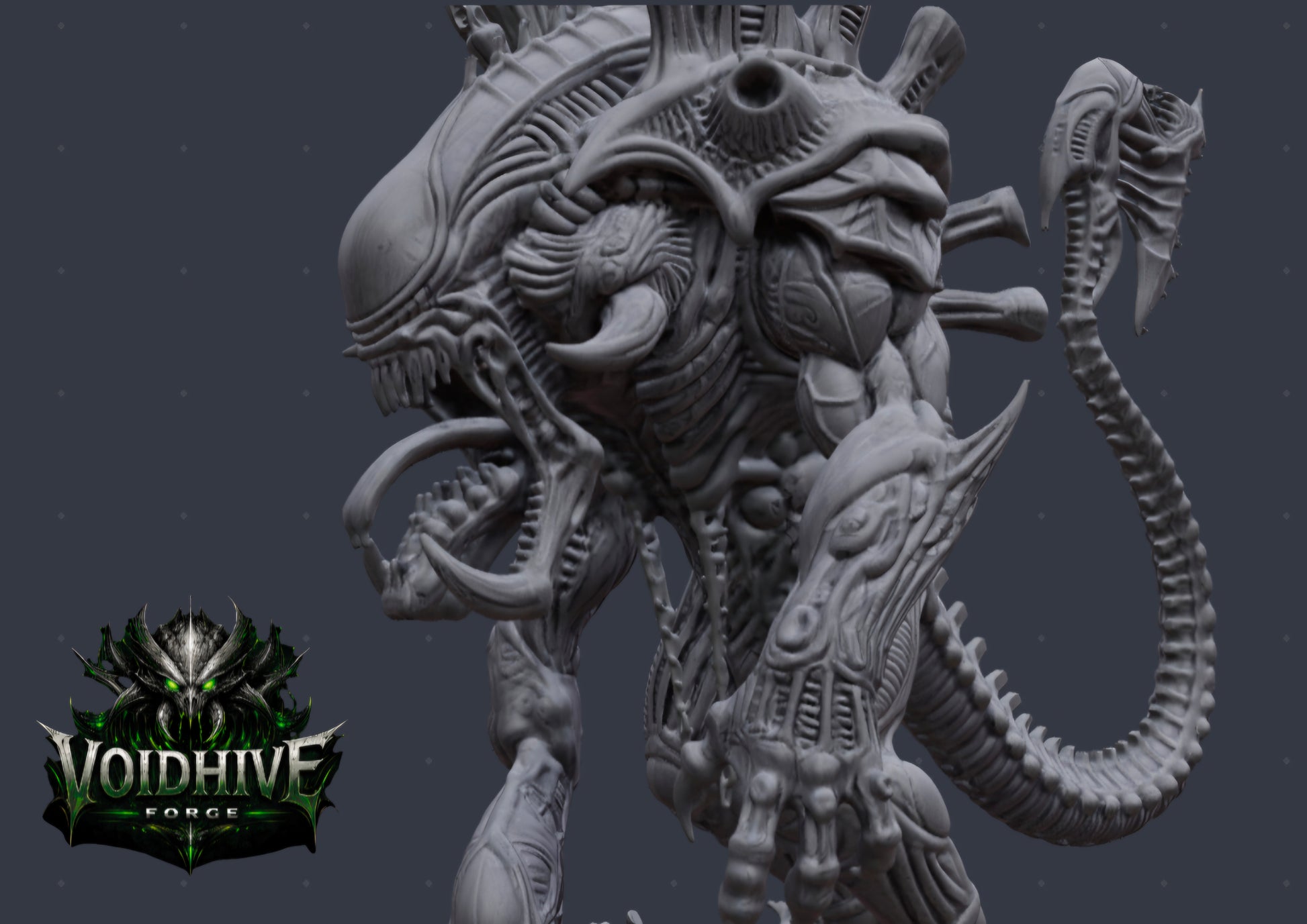 VoidHive Forge Skullmaw Harvester resin miniature — full body profile view on scenic rubble base
