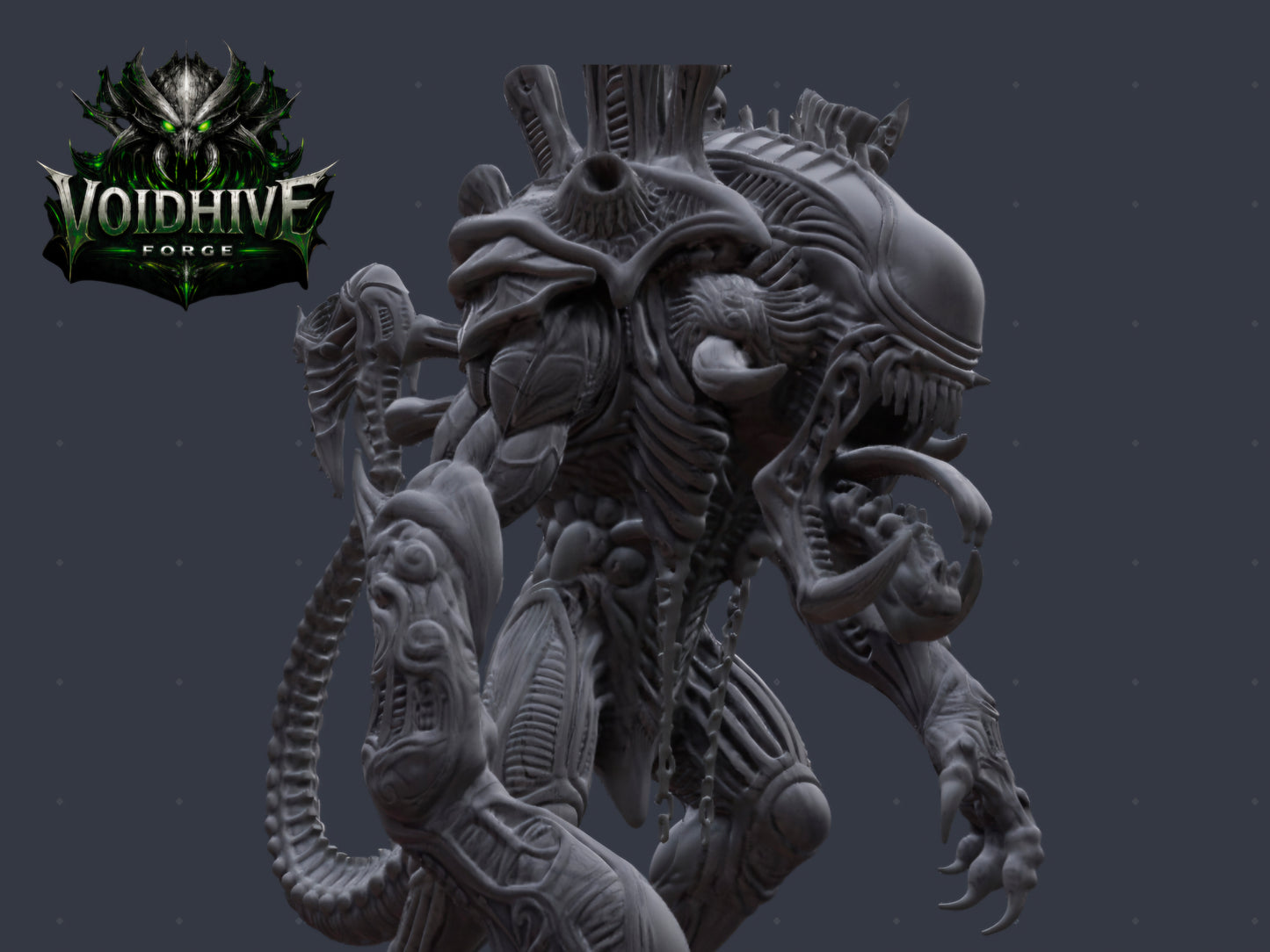 VoidHive Forge Skullmaw Harvester resin miniature — dynamic pose detail showing predatory stance and multi-limb structure