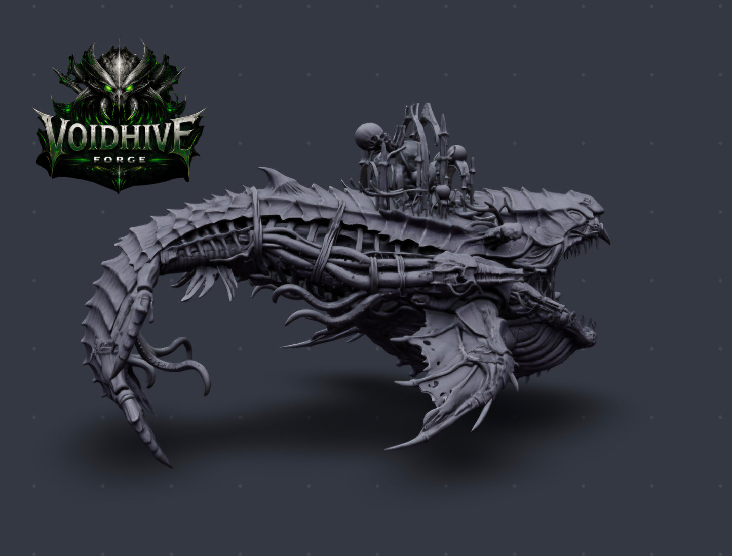 Kharreth the Bonethrone – side view showing full body silhouette and segmented tail, grey resin