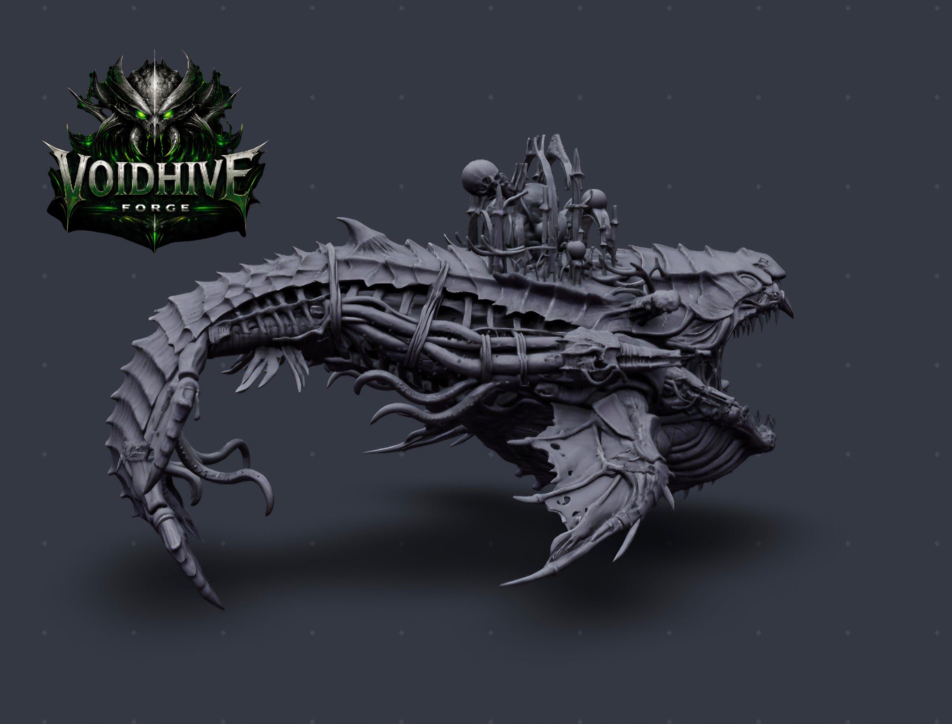 Kharreth the Bonethrone – side view showing full body silhouette and segmented tail, grey resin
