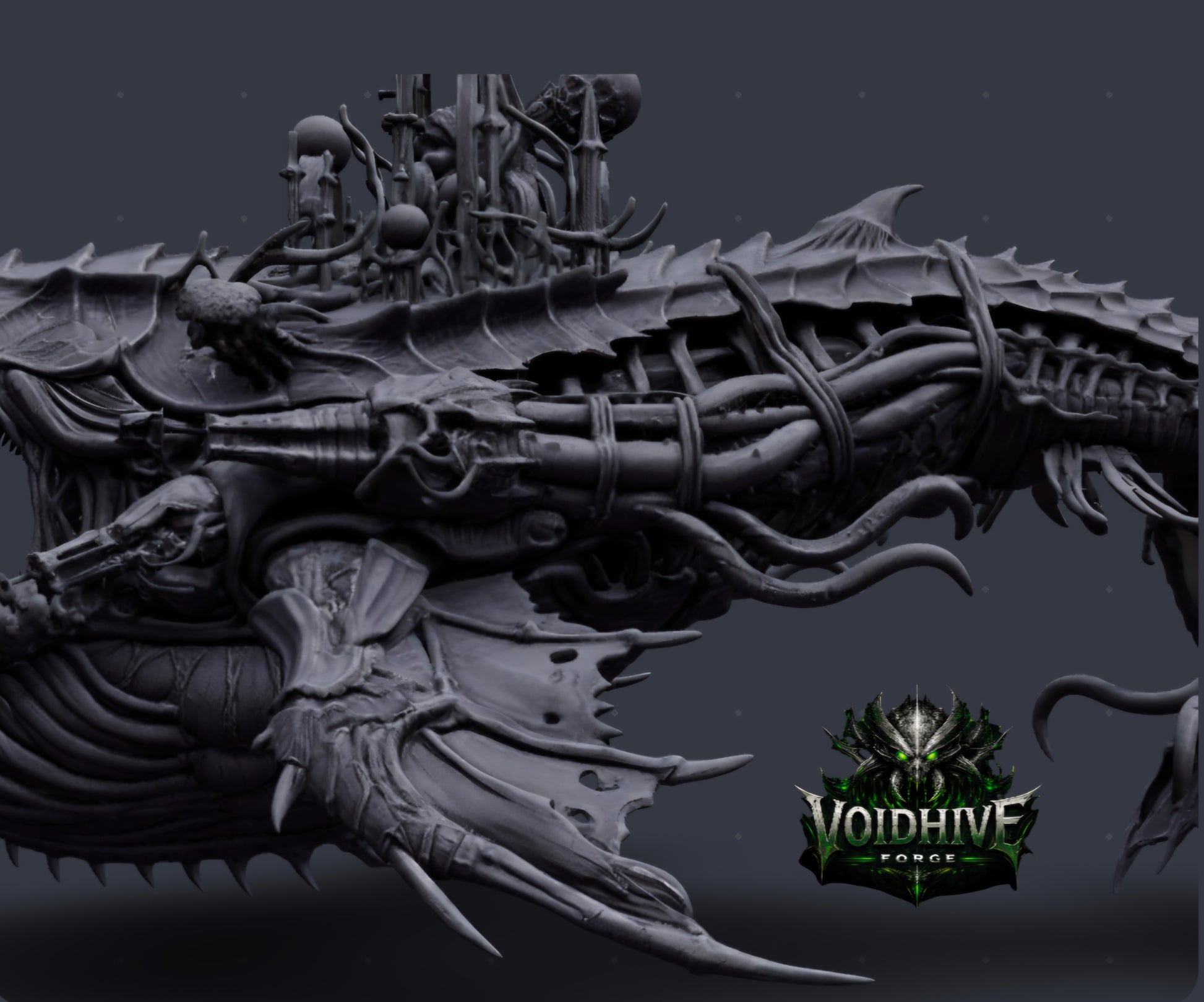 Kharreth the Bonethrone – close-up side detail showing exposed chitin ribs and tendril texture, grey resin